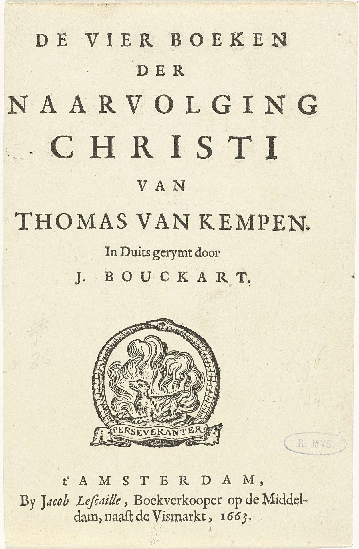 Titel en titelvignet met hond in vlammen en slang die zichzelf in staart bijt by Cornelis van Dalen I