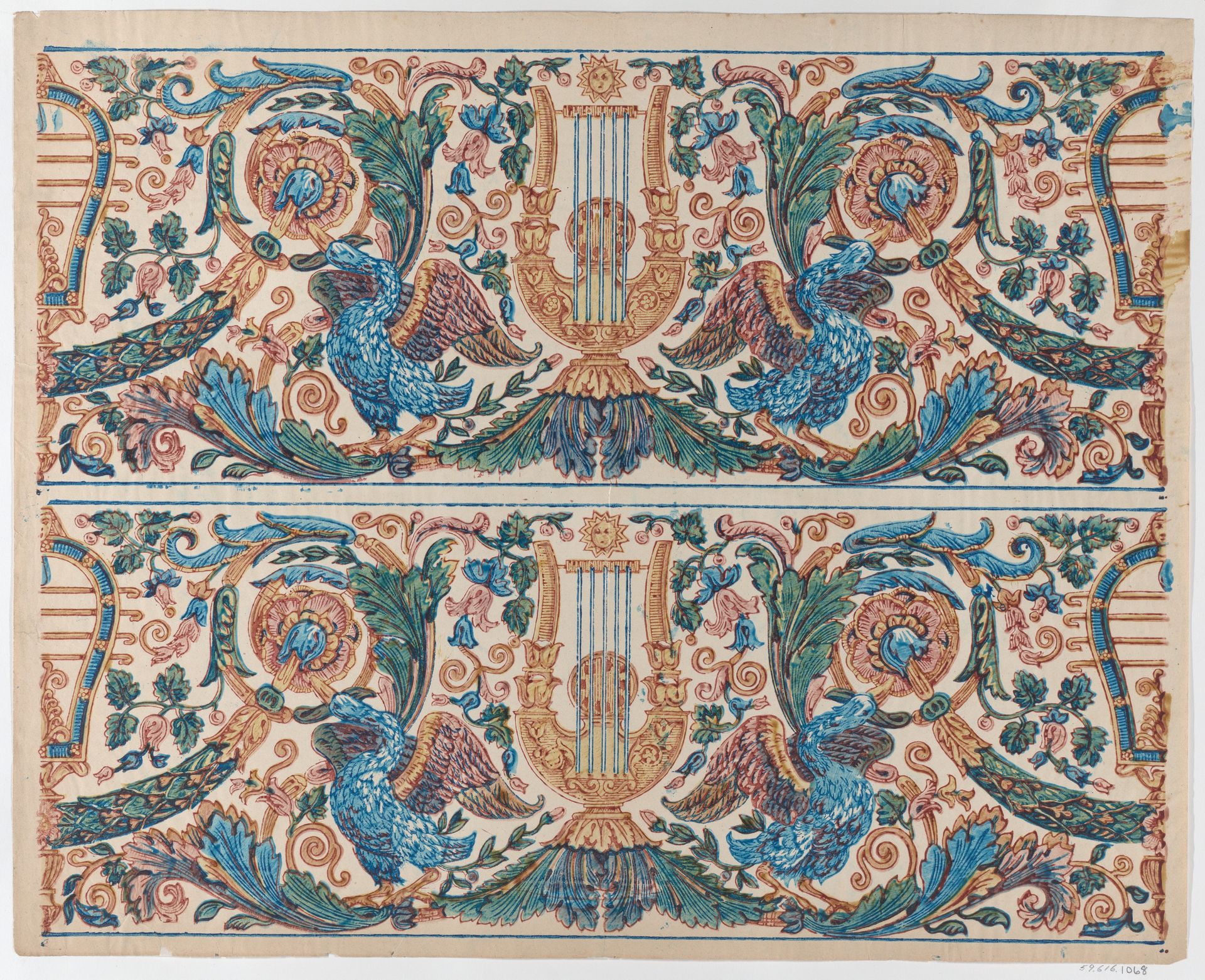 Sheet with two borders with a lyre and birds by Anonymous
