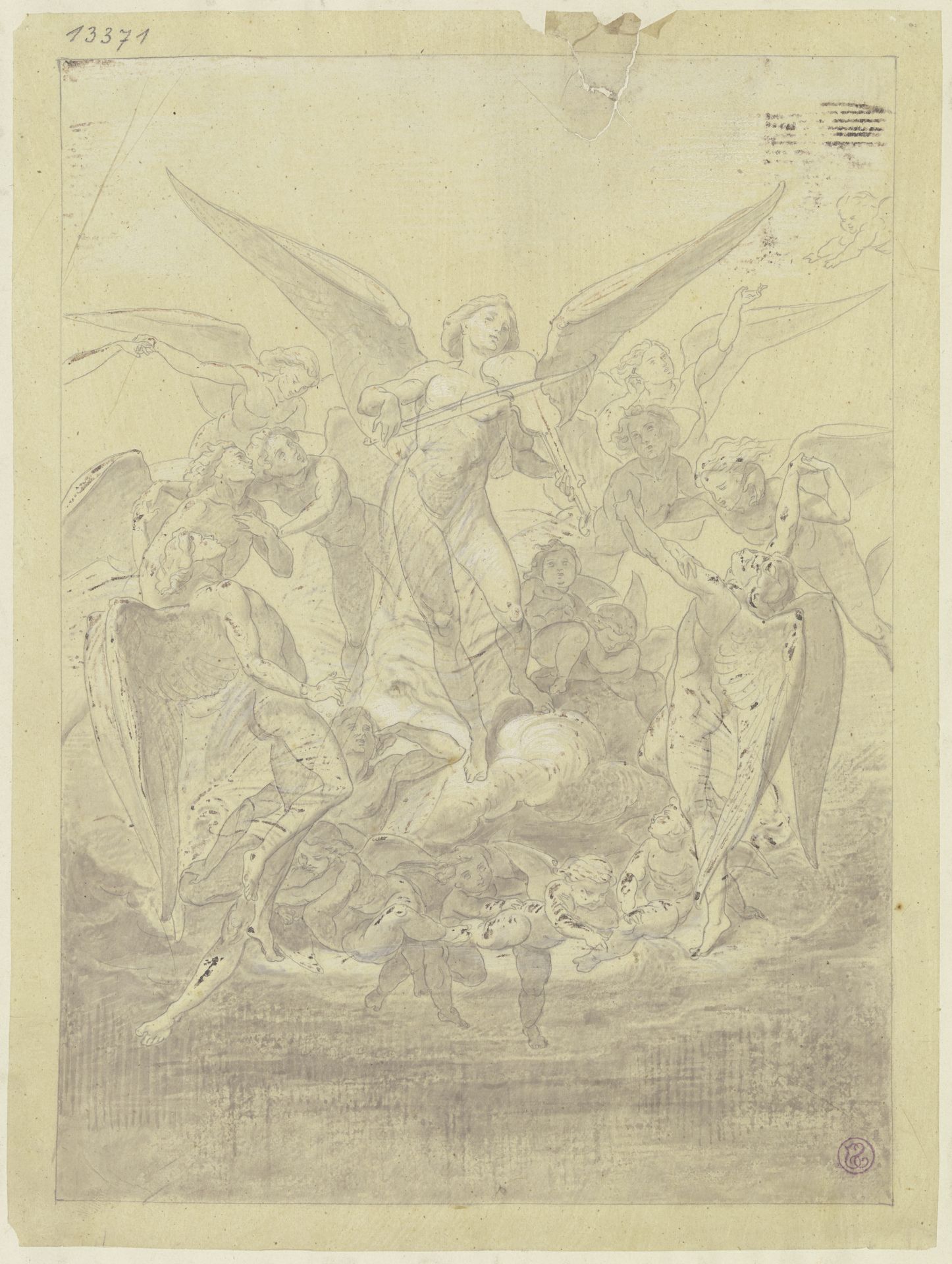 Geigender Genius auf einer Wolke, von Engel umgeben by Johann Baptist Scholl the Younger