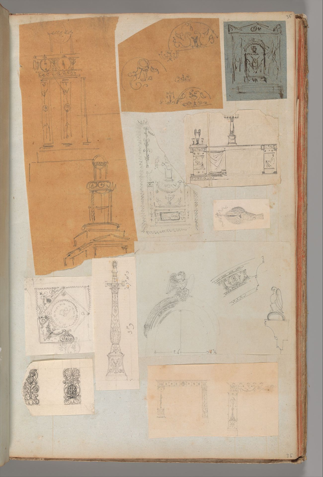 Page from a Scrapbook containing Drawings and Several Prints of Architecture, Interiors, Furniture and Other Objects by Charles Percier