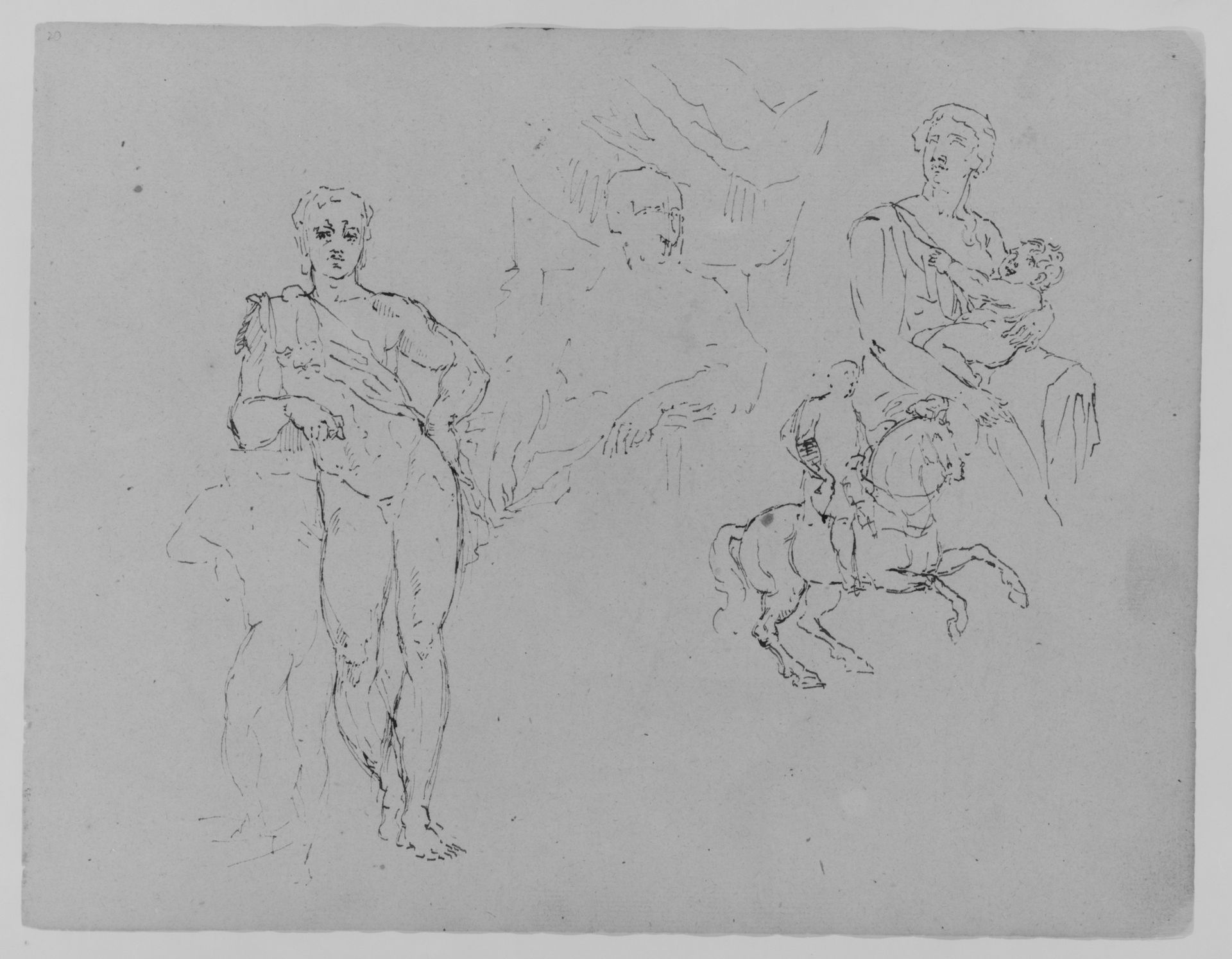 Unfinished Standing Classical Male Nude; Cardinal Bentivoglio after Van Dyke; Mother and Child; Equestrian Figure (from Sketchbook) by Thomas Sully