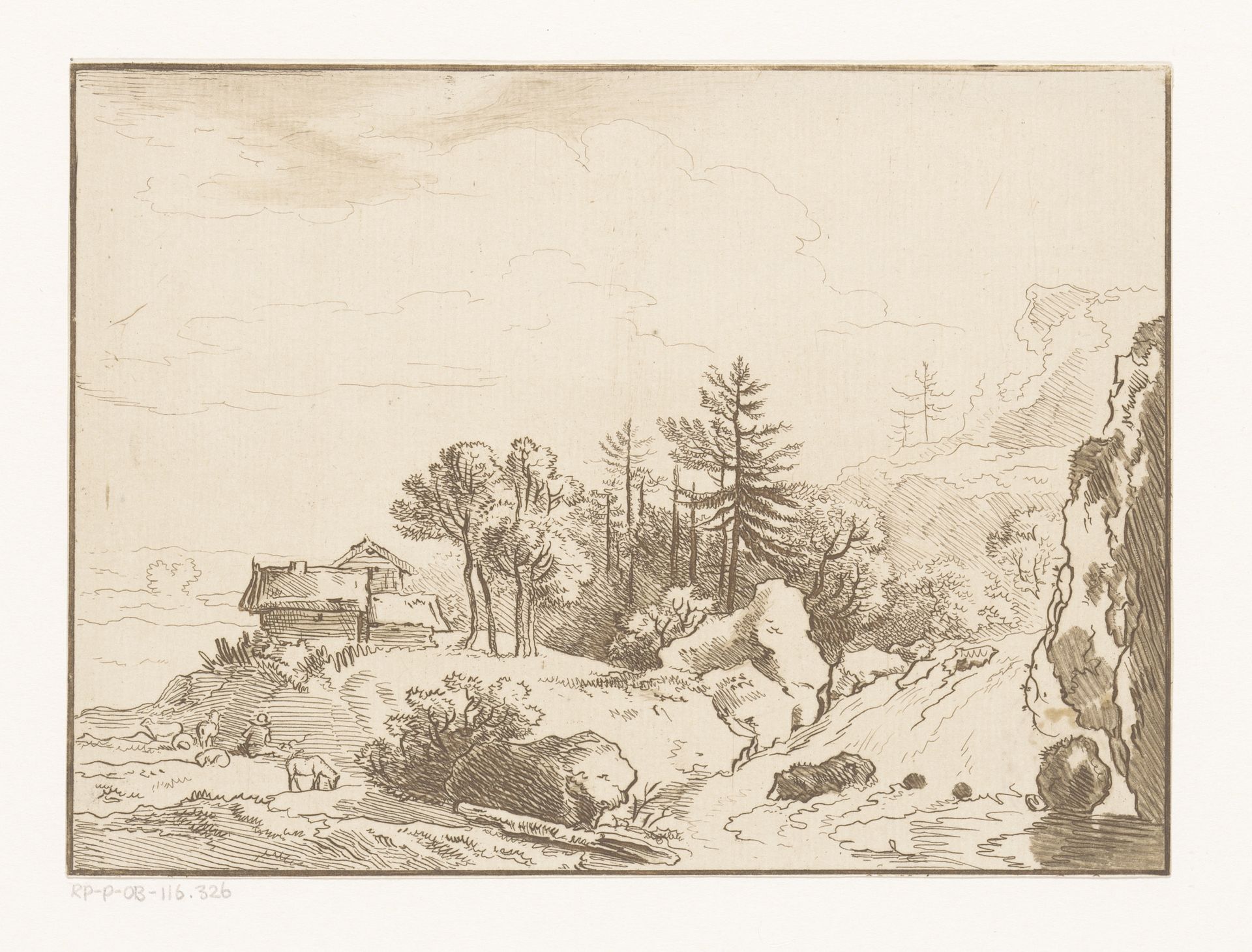 Heuvellandschap met herder bij een hut en waterval by Carl Friedrich Holtzmann