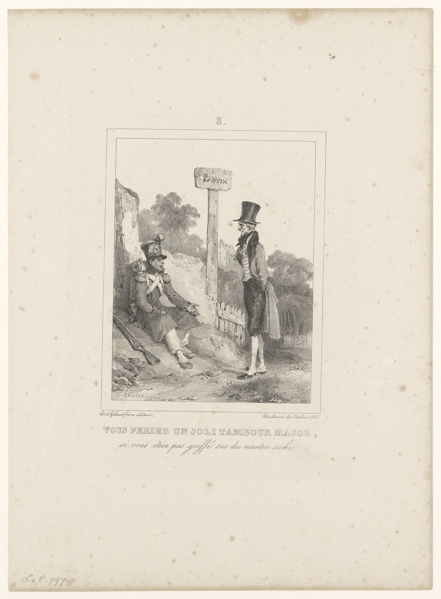 Jonge soldaat in gesprek met een oudere heer by Nicolas Toussaint Charlet