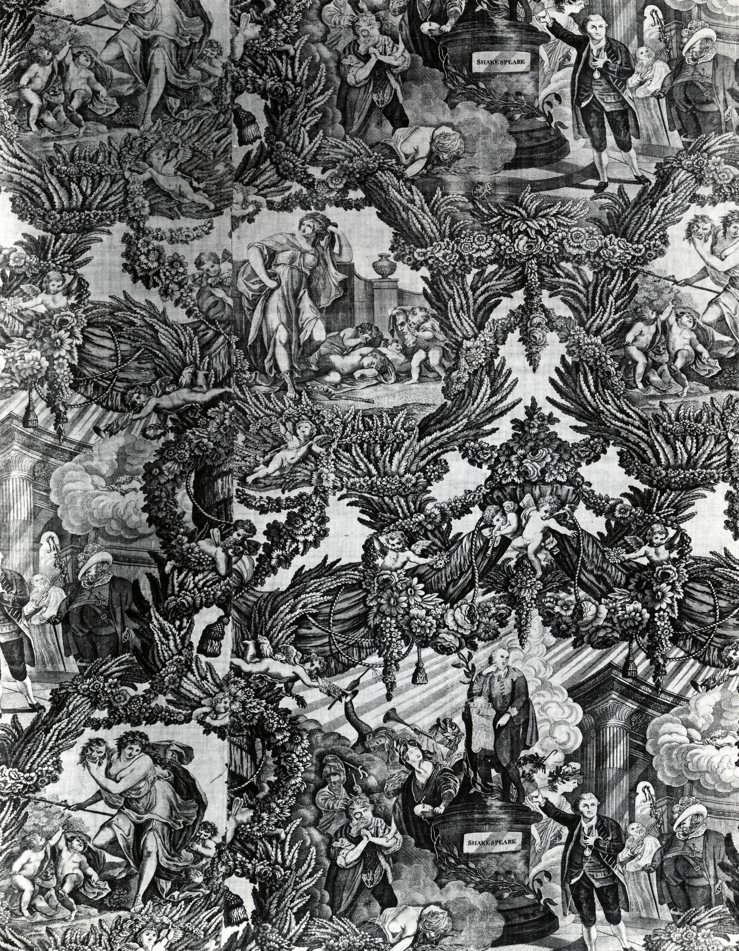 Garrick and Shakespeare with Tragedy and Comedy (Furnishing Fabric) by Robert Edge Pine