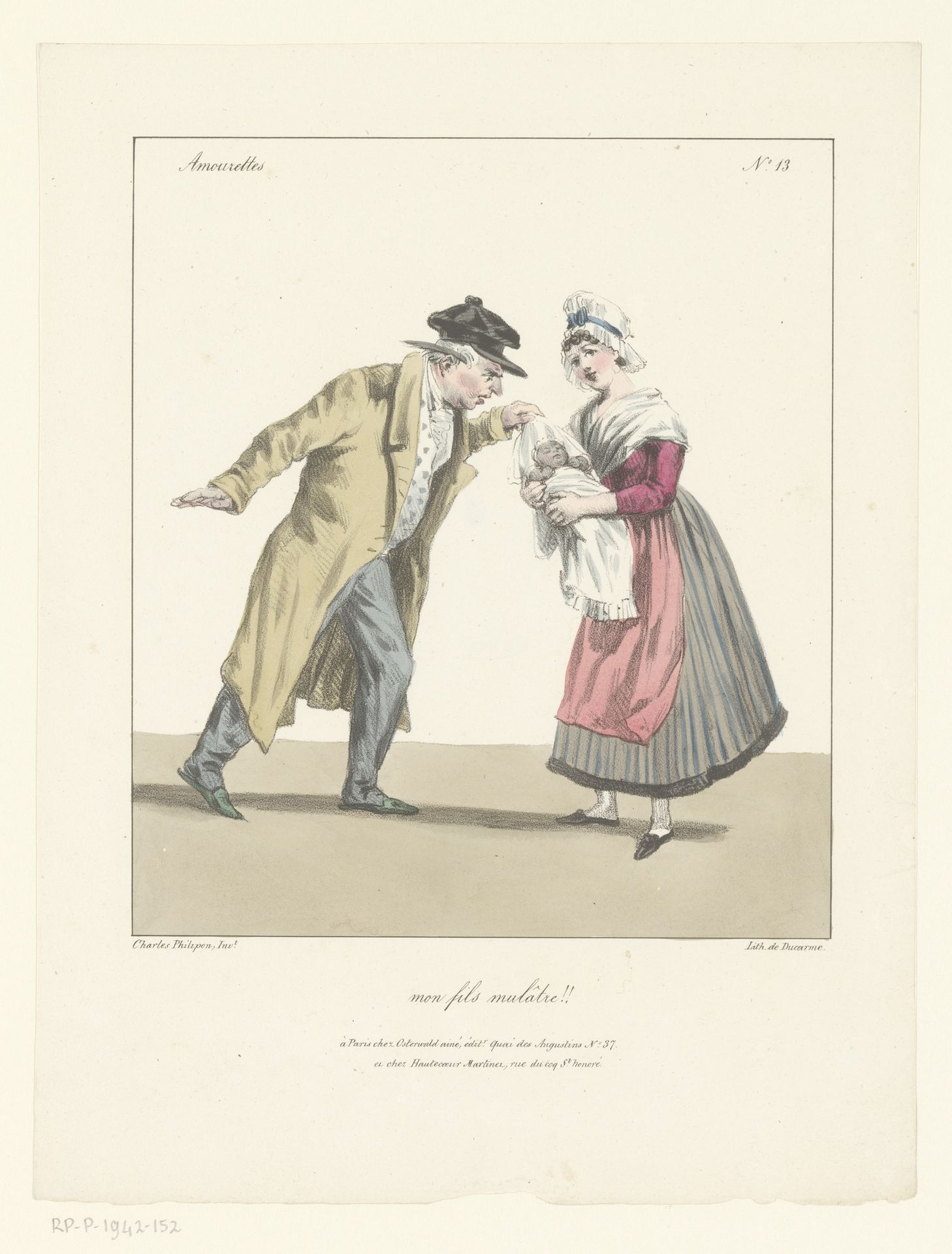 Witte man bekijkt zwarte baby in handen van witte vrouw by Charles Philipon