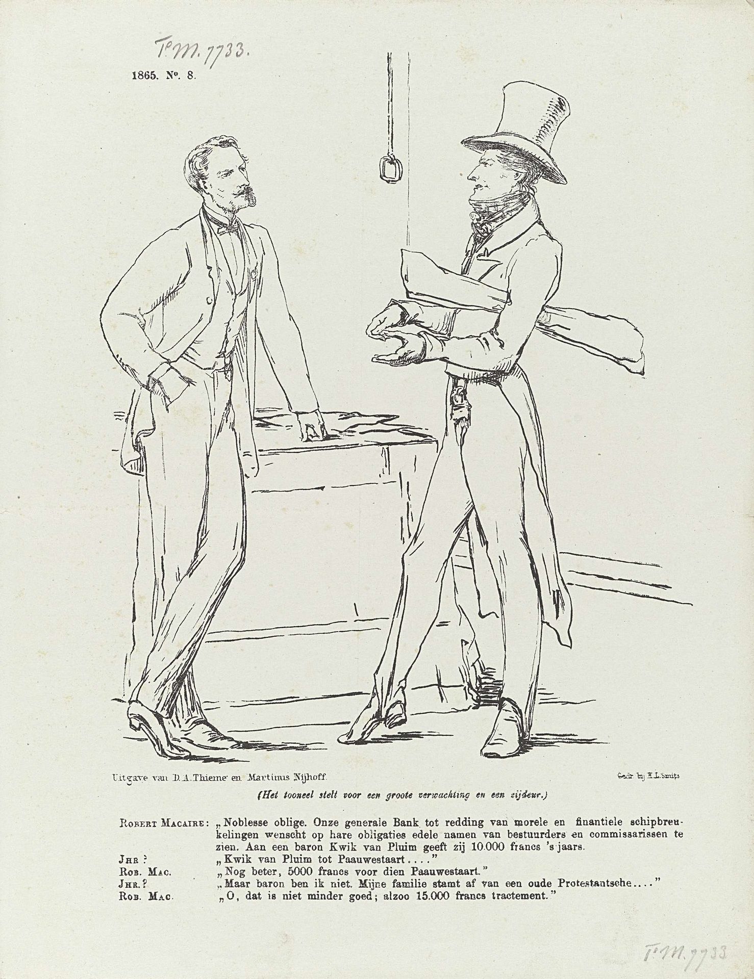 Spotprent op de adellijke namen op de prospectussen van nieuwe banken, 1865 by Johan Michaël Schmidt Crans