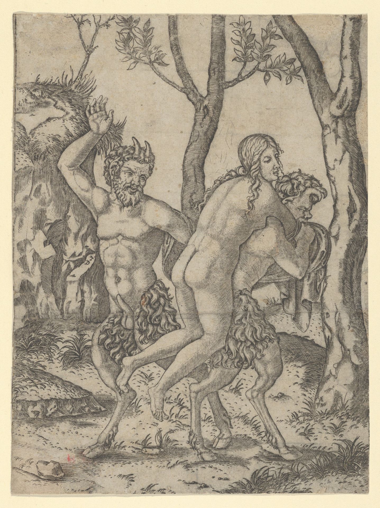 A satyr carrying a nymph on his back and another raising his right hand to slap her by Marcantonio Raimondi