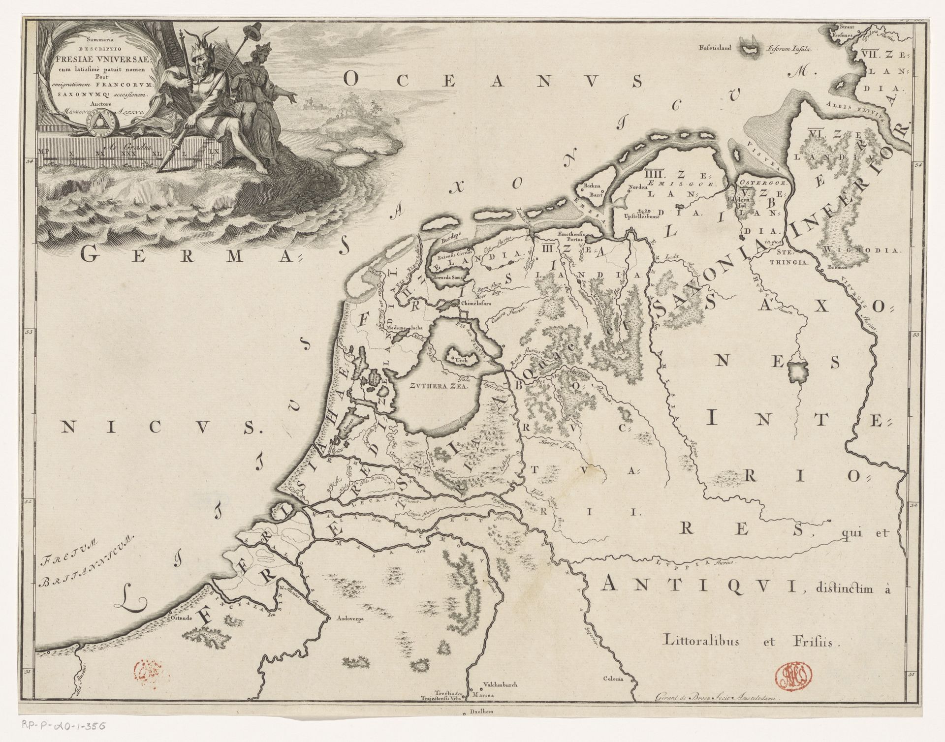 Historische kaart van Nederland met de gebieden van de Bataven en Friezen by Gerrit de (I) Broen