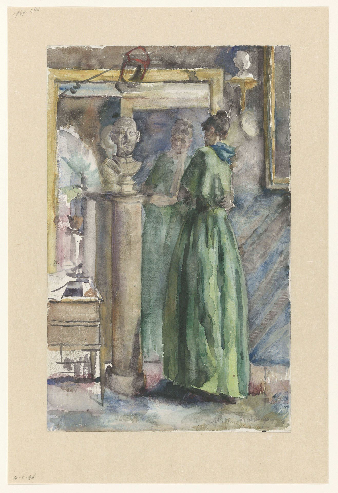 Dame in groene japon staande voor een spiegel by Martinus van Andringa