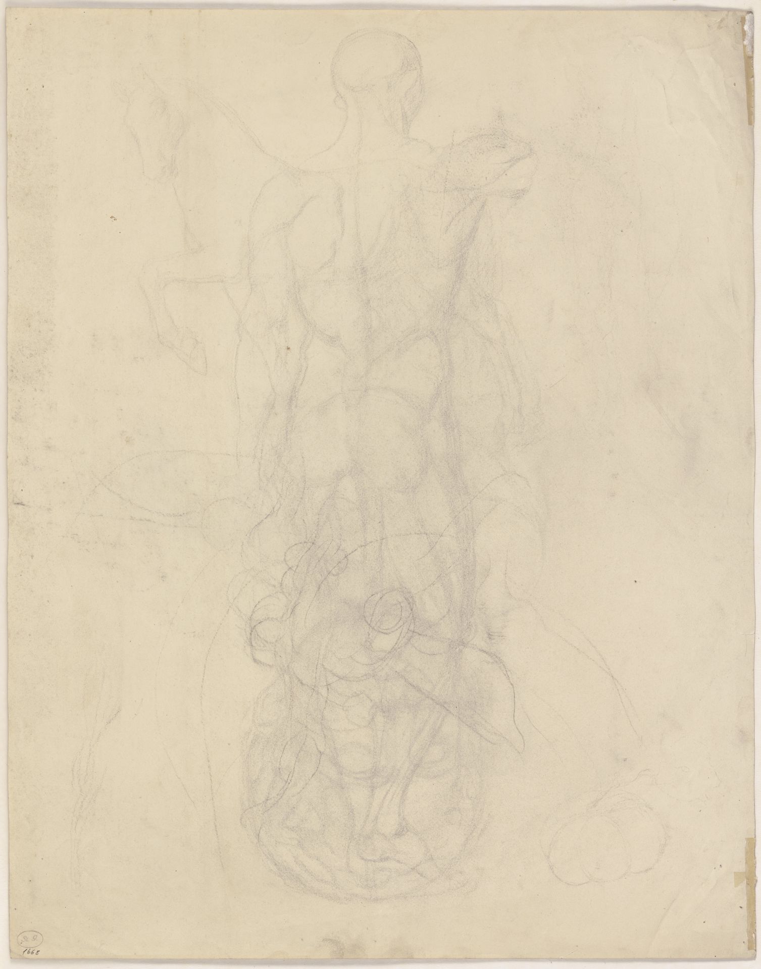 Stehender männlicher Akt in Rückenansicht mit angedeutetem (abgebrochenem_) ausgestreckten rechten Arm, im Hintergrund ein Pferd in der Piaffe by Victor Müller