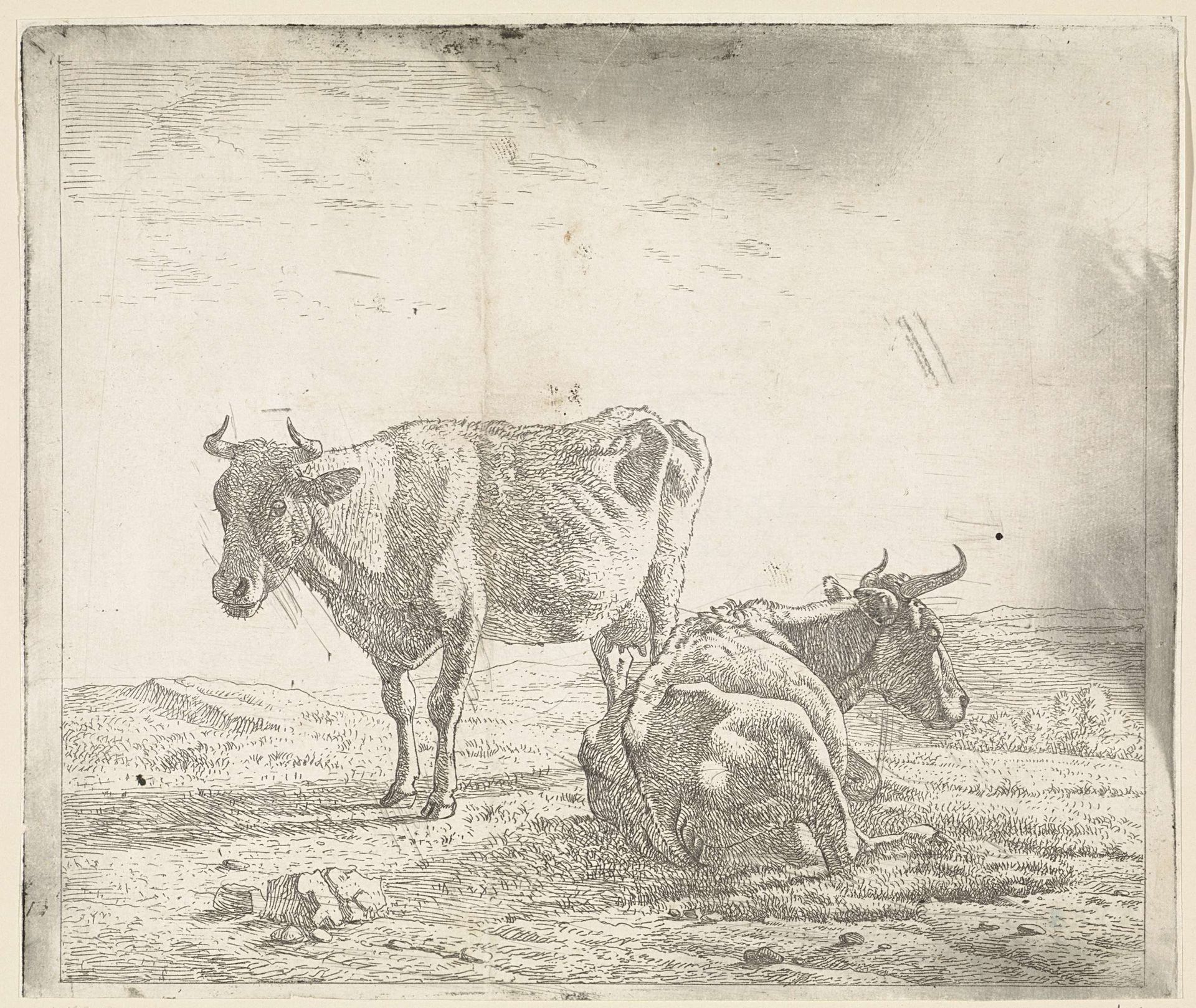 Weiland met een staande en liggende koe by Wouter Johannes van Troostwijk