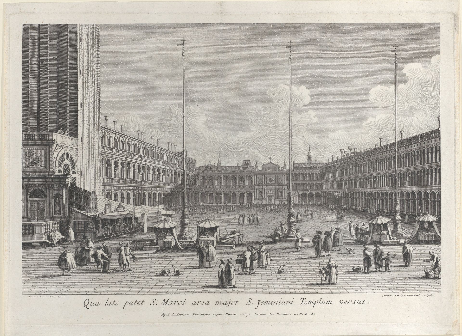 View of Piazza San Marco, with the church of San Geminiano at the far end, and figures and market stalls in the foreground by Giovanni Battista Brustolon