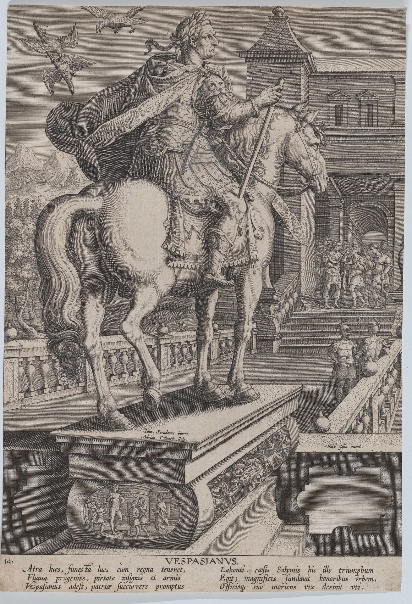Plate 10: equestrian statue of Vespasian, seen from behind, three birds at upper right with one attacking another, from 'Roman Emperors on Horseback' by Adriaen Collaert