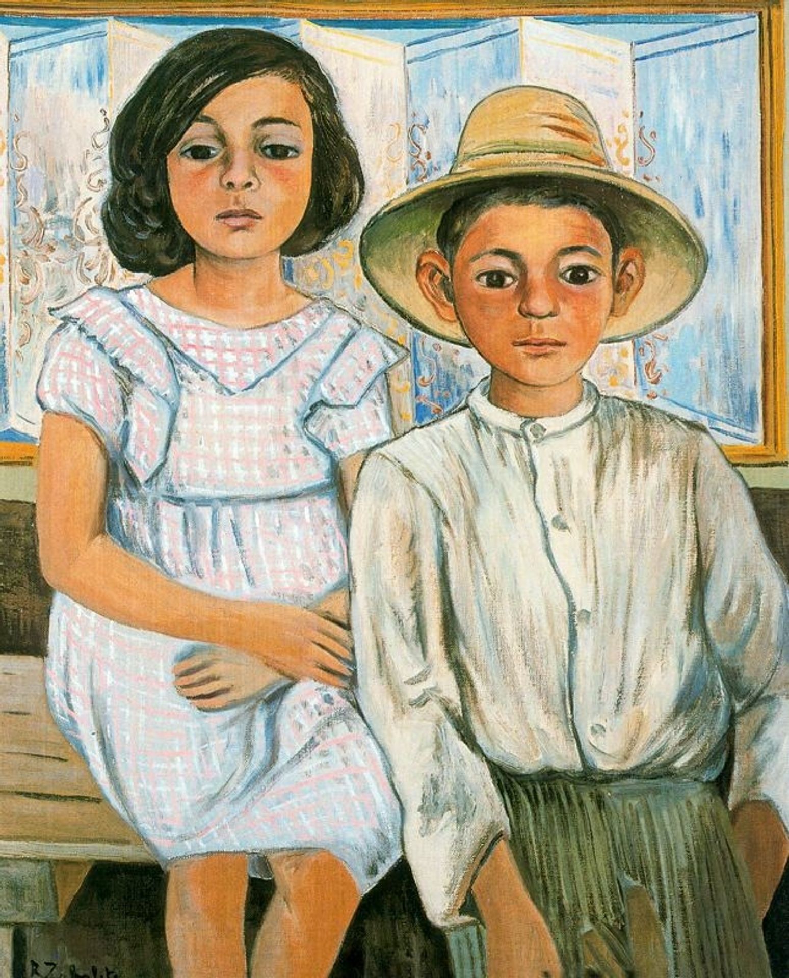 Girl sitting and boy with hat standing by Rafael Zabaleta