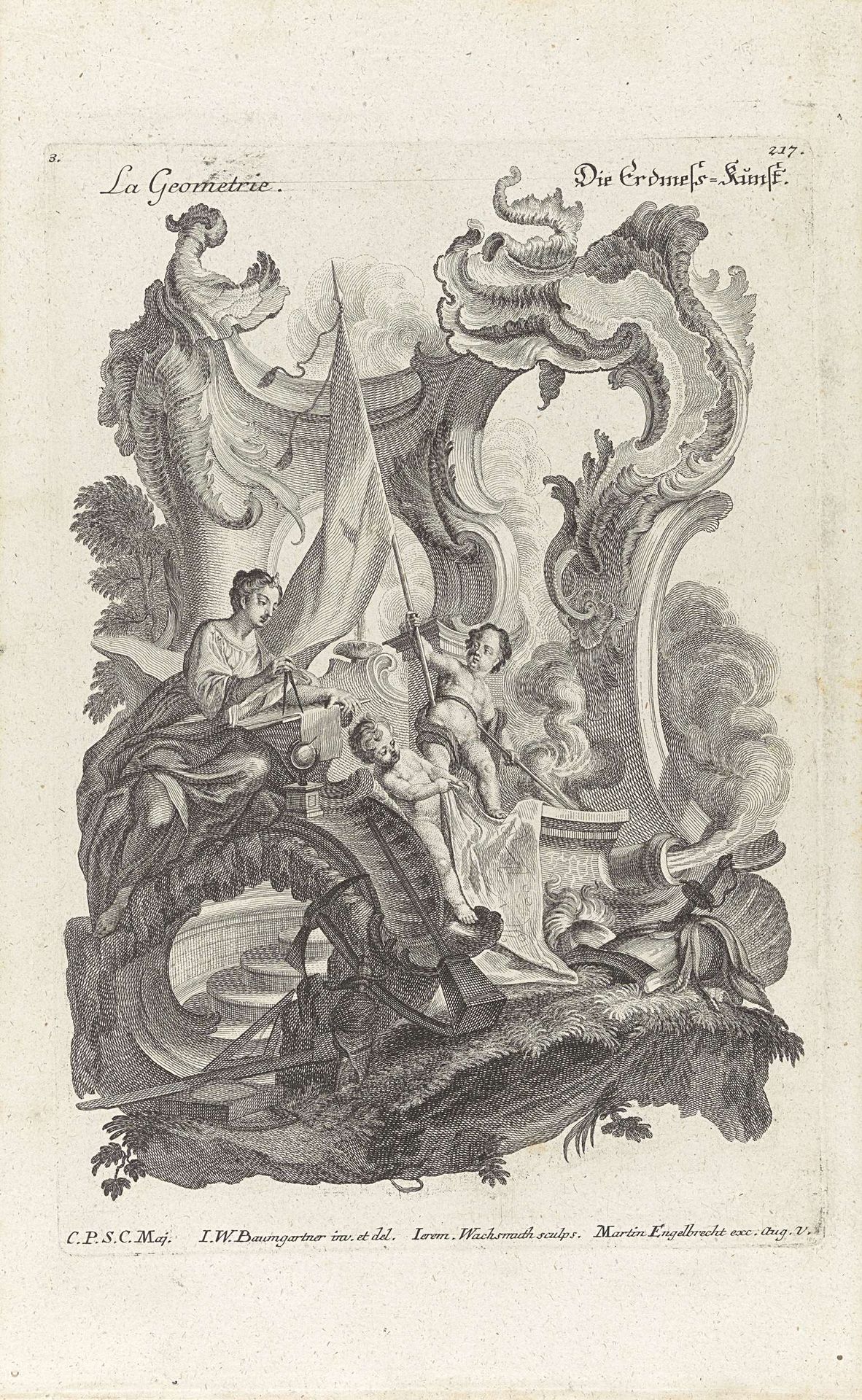 Rocaille met de personificatie van de Meetkunde (Geometrie) by Jeremias Wachsmuth