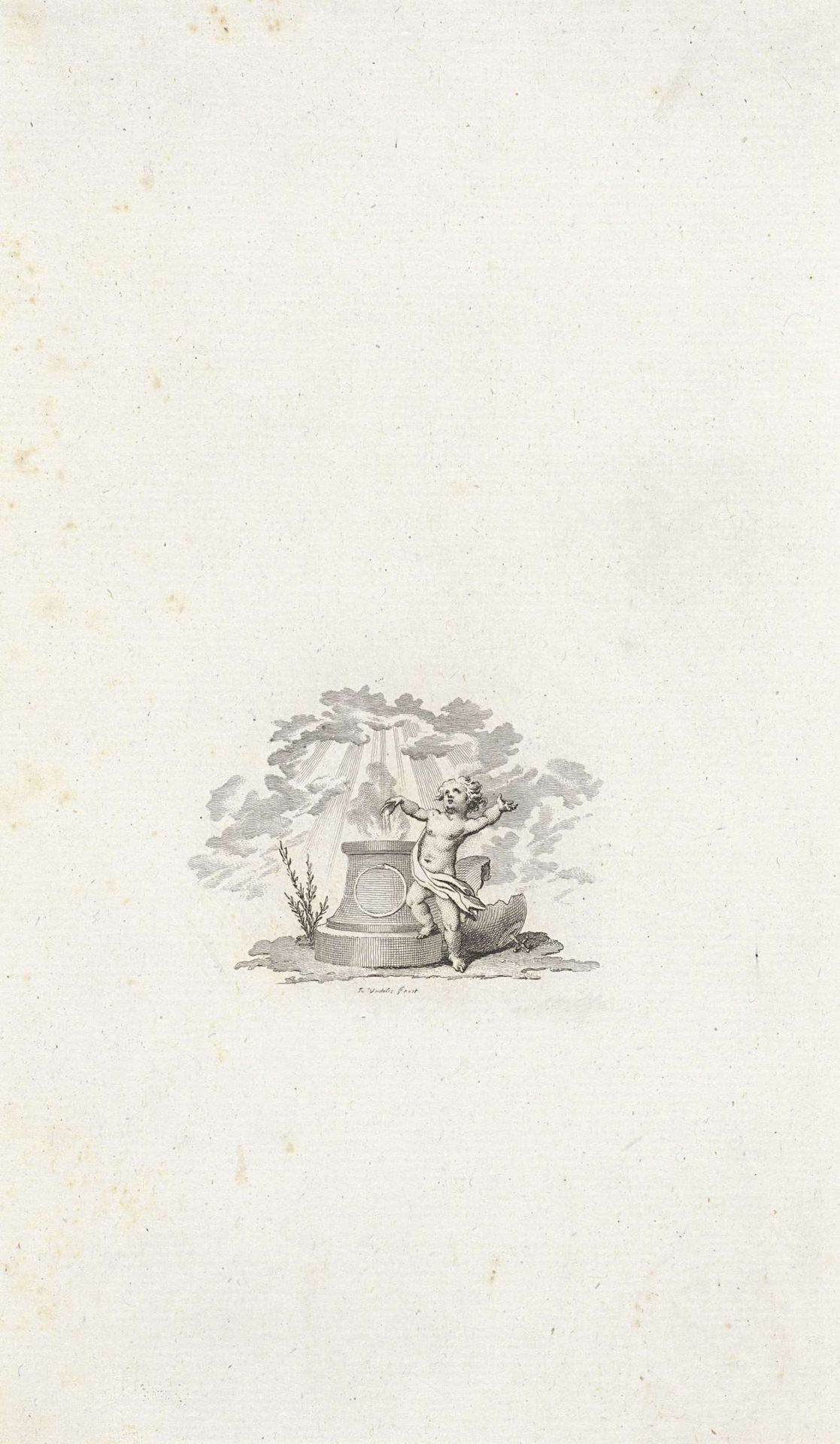 Vignet met een putto bij een altaar by Reinier Vinkeles