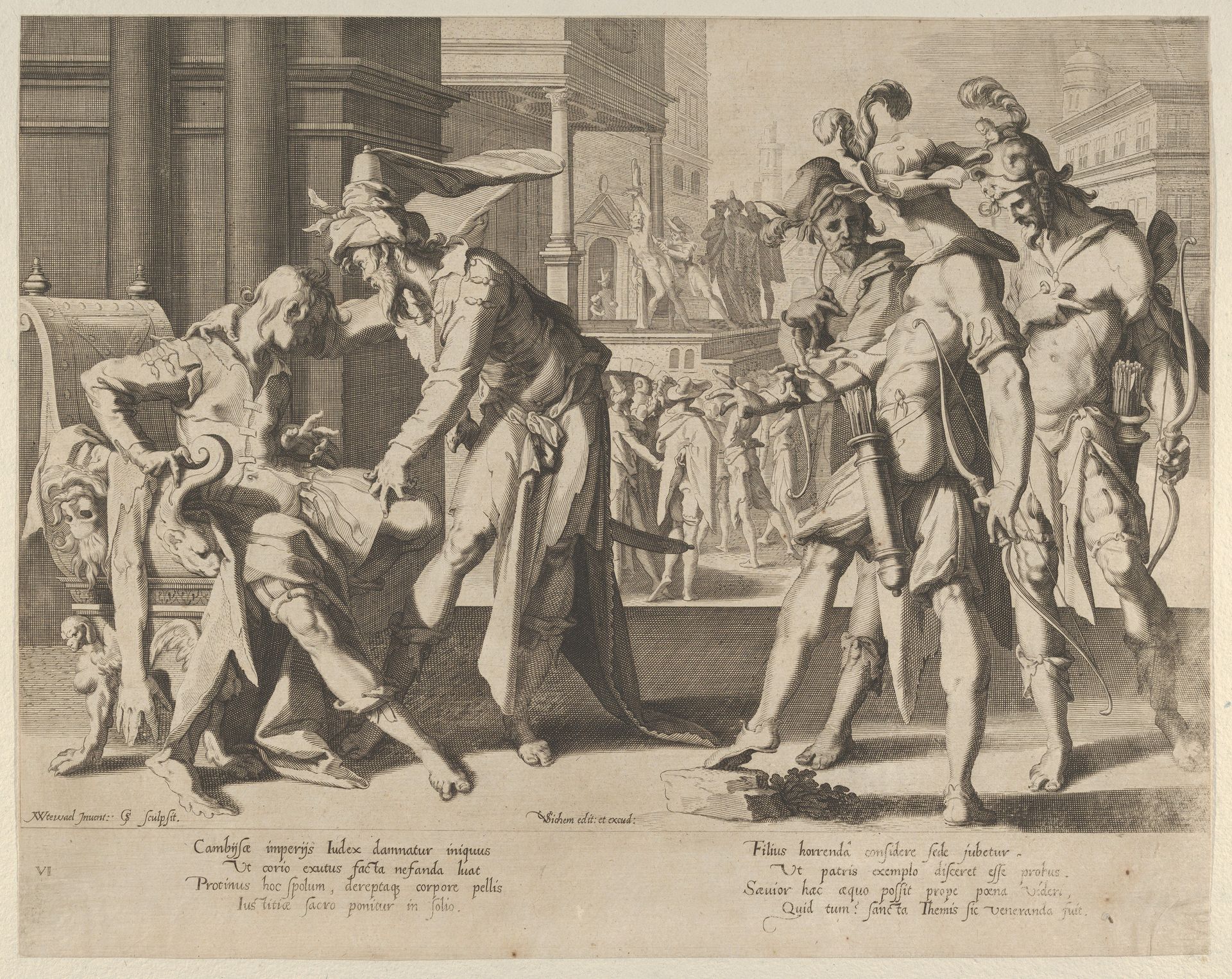 Cambyses Commanding the Flaying of the Judge Sisamnes, from Thronus Justitiae, tredecim pulcherrimus tabulis..., plate 6 by Willem van Swanenburg