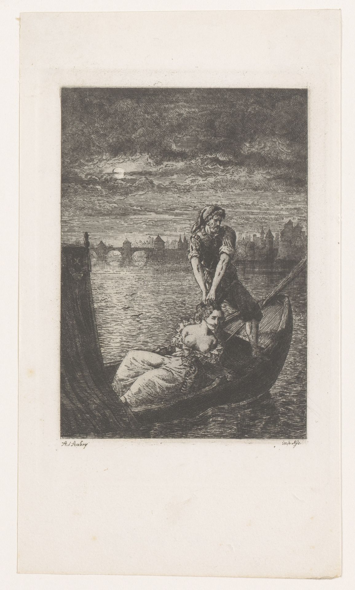 Nachtscène waarin een man een halfnaakte vrouw aan de haren zijn roeiboot in sleurt by Adrien Aubry