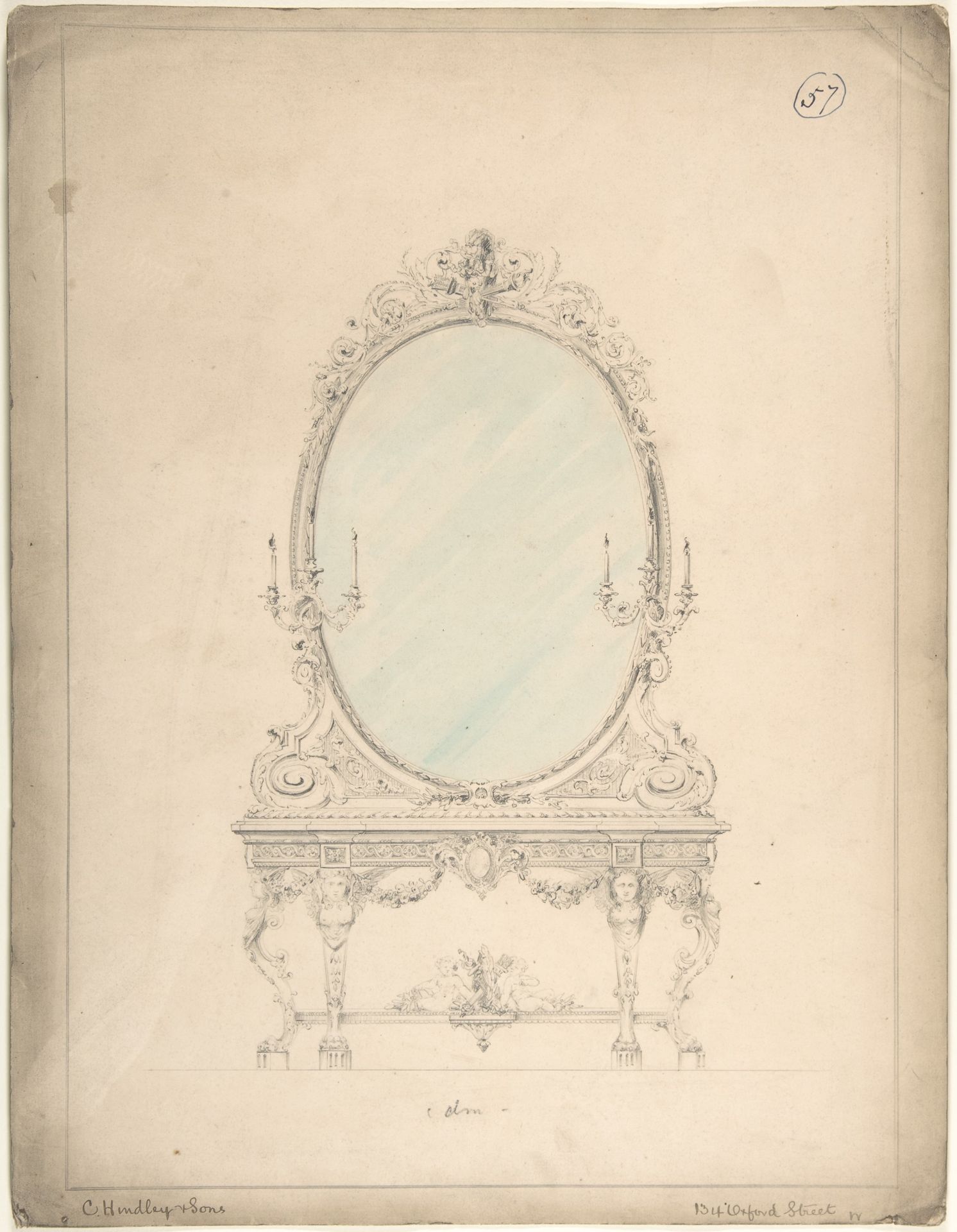 Design for an Oval Mirror over a Side Table by Charles Hindley and Sons