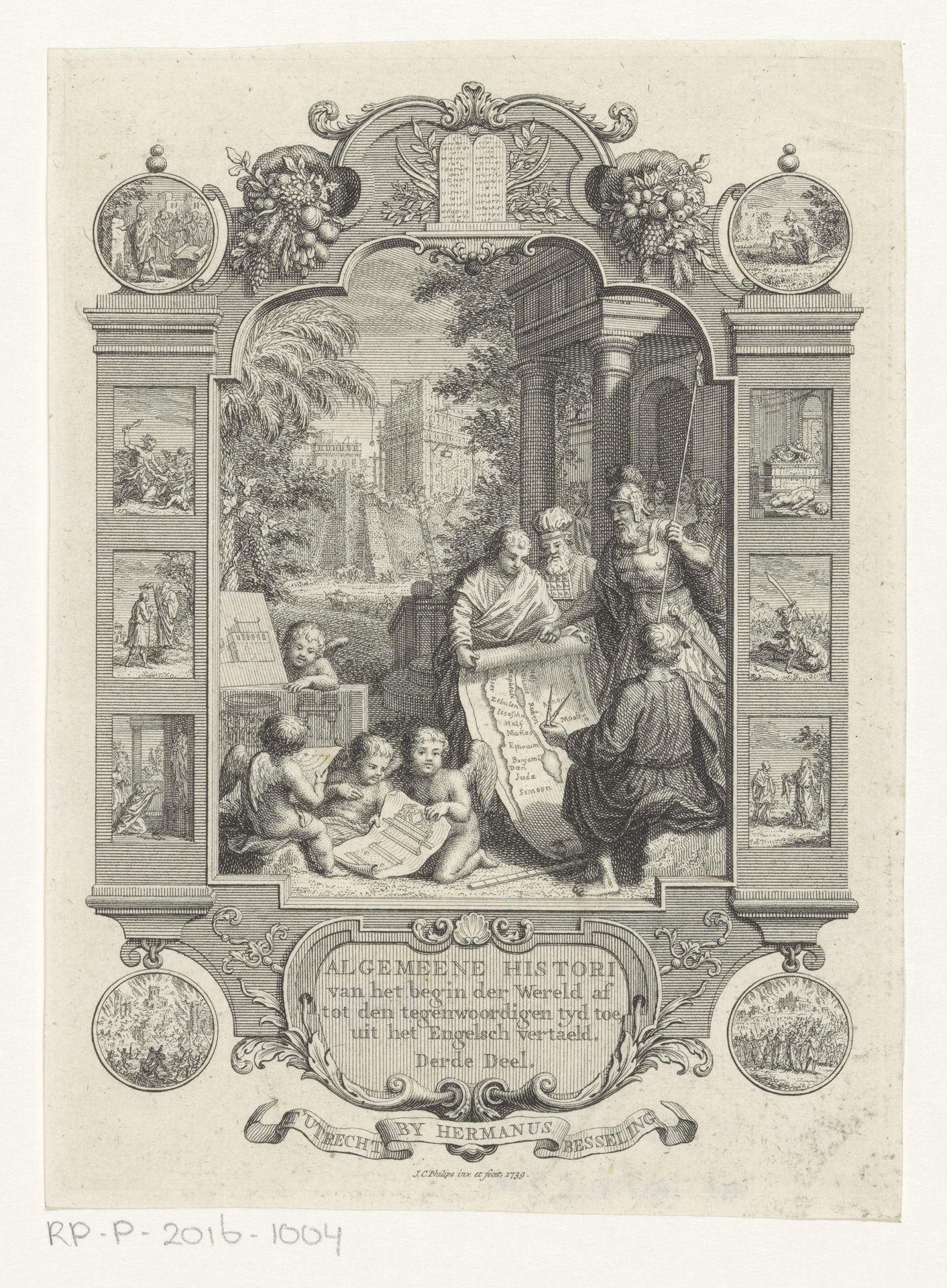 Cartouche met verdeling van Kanaän onder de twaalf stammen van Israël by Jan Caspar Philips