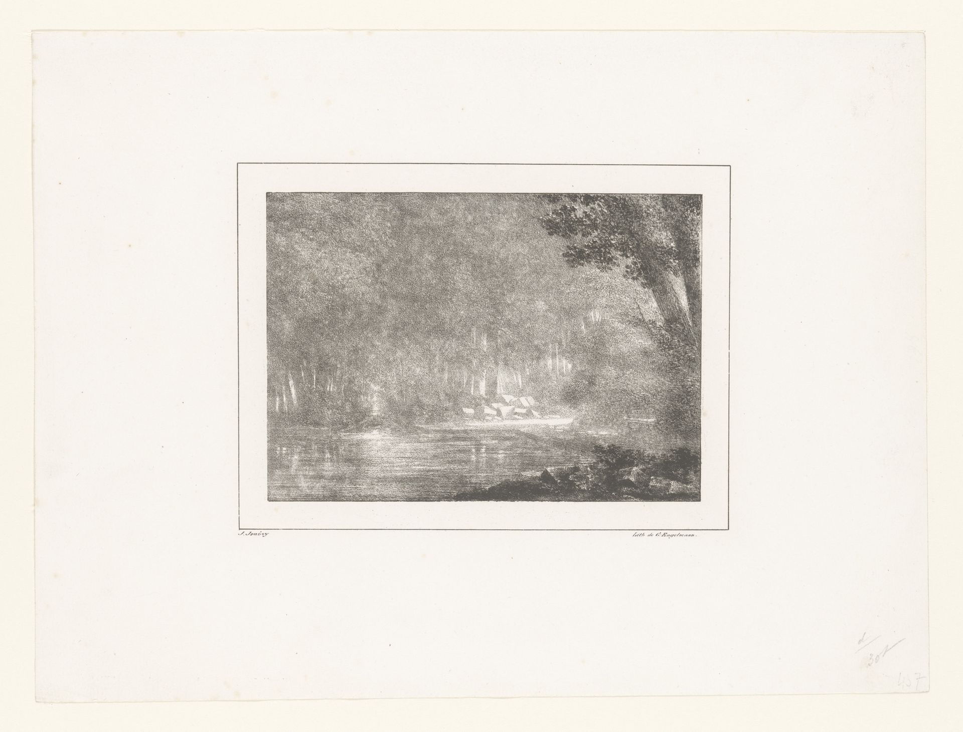 Bosgezicht met huizen en water by Jean-Baptiste Isabey