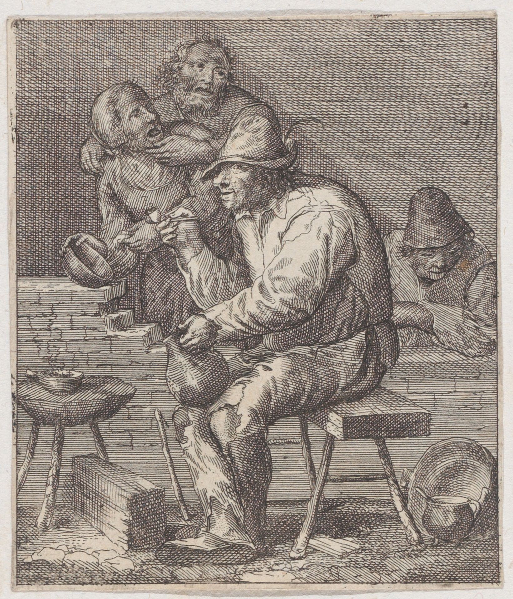 Rustic interior with a peasant seated on bench at center holding a jug and a pipe by Jacques Dassonville