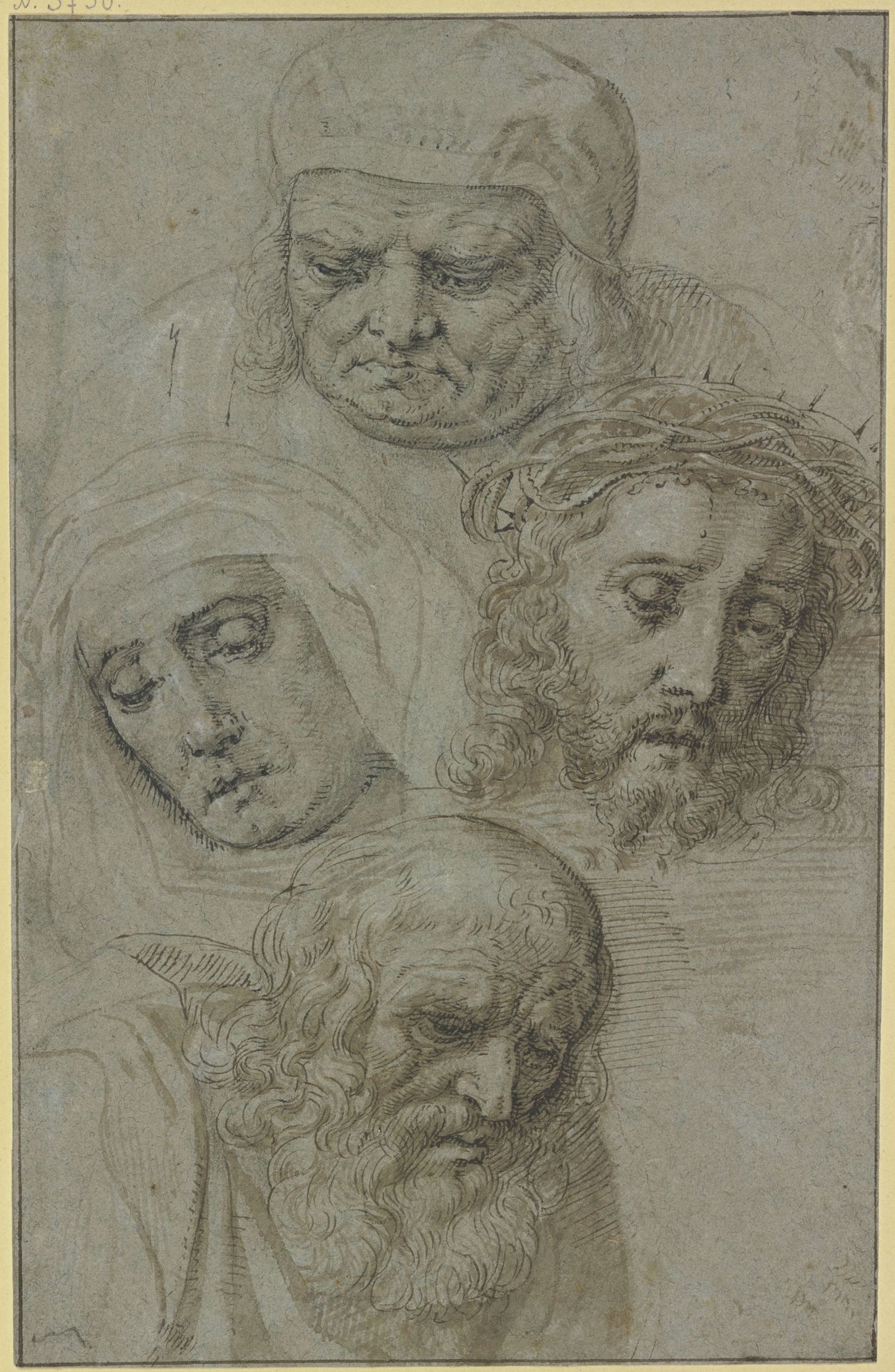 Studienblatt_ Köpfe von Christus, Maria und zwei weiteren Männern by Joos van Cleve