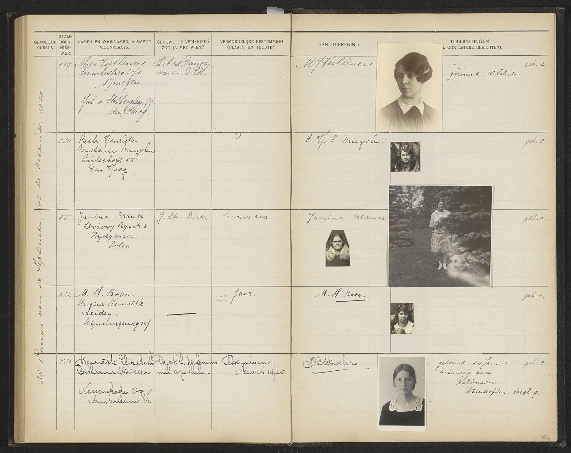 Blad 109 uit Stamboek van de leerlingen der Koloniale School voor Meisjes en Vrouwen te 's-Gravenhage deel I (1921-1929) by Anonymous