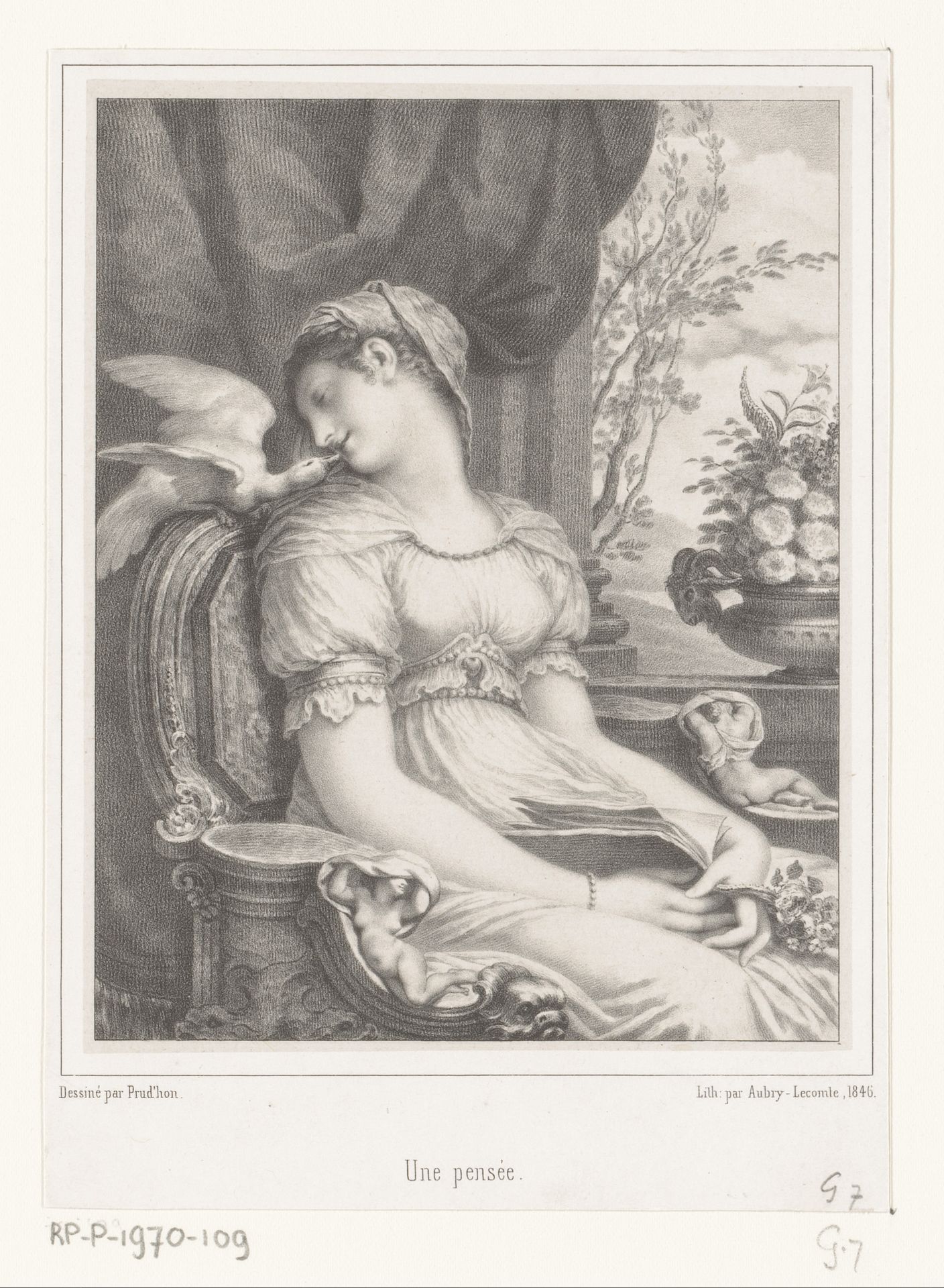 Zittende vrouw met boek en witte vogel by Hyacinthe-Louis-Victor-Jean-Baptiste Aubry-Lecomte