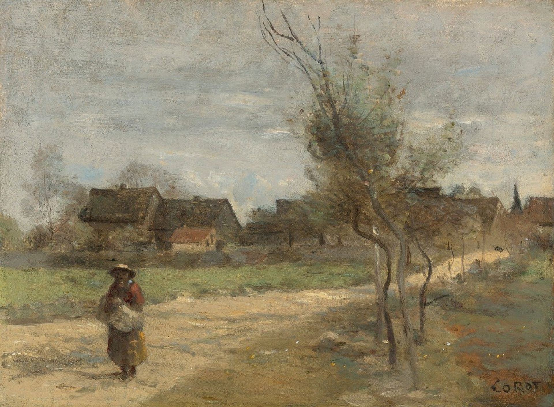 Paysanne Sur Une Route En Vue D’un Village by Camille Corot