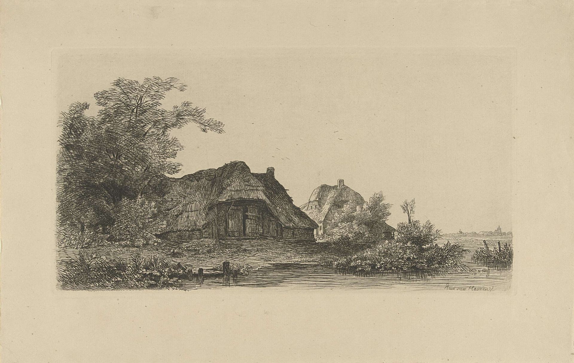 Boerderijen aan het water by Remigius Adrianus Haanen