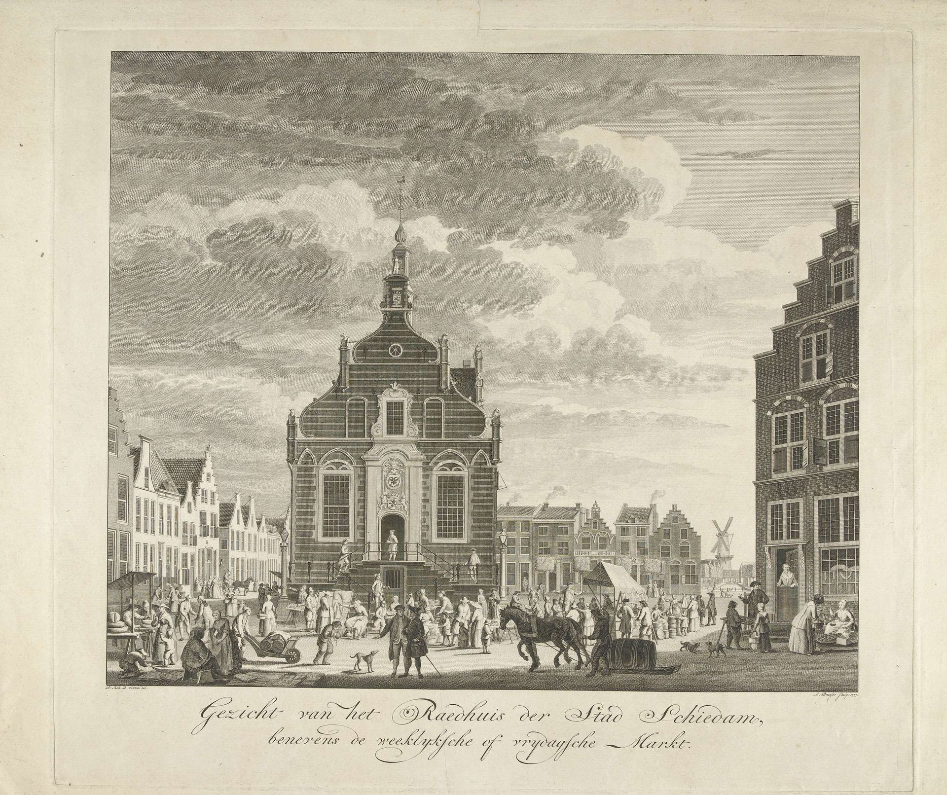 Stadhuis en markt te Schiedam by Leendert Brasser
