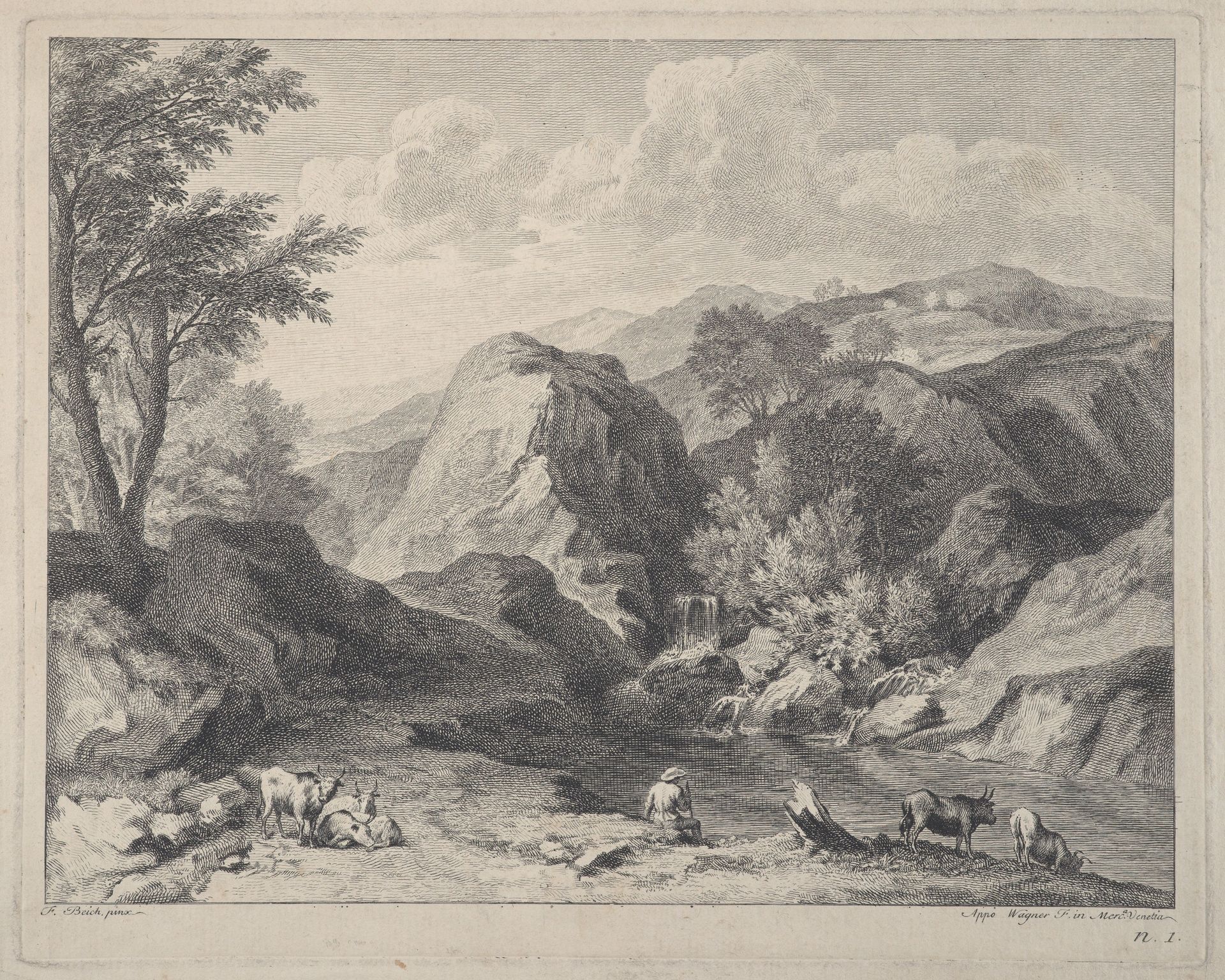 Mountainous landscape with herdsmen and cows by Joseph Wagner
