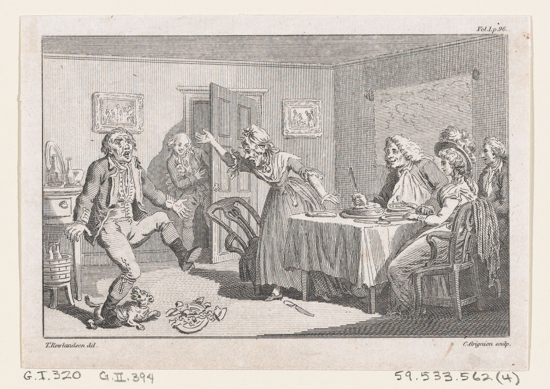 Humphry Clinker Smashing a Dish at Dinner..., an illustration from Tobias Smollett's "The Expedition of Humphry Clinker" (London, 1793), Vol. 1 by Charles Grignion, I