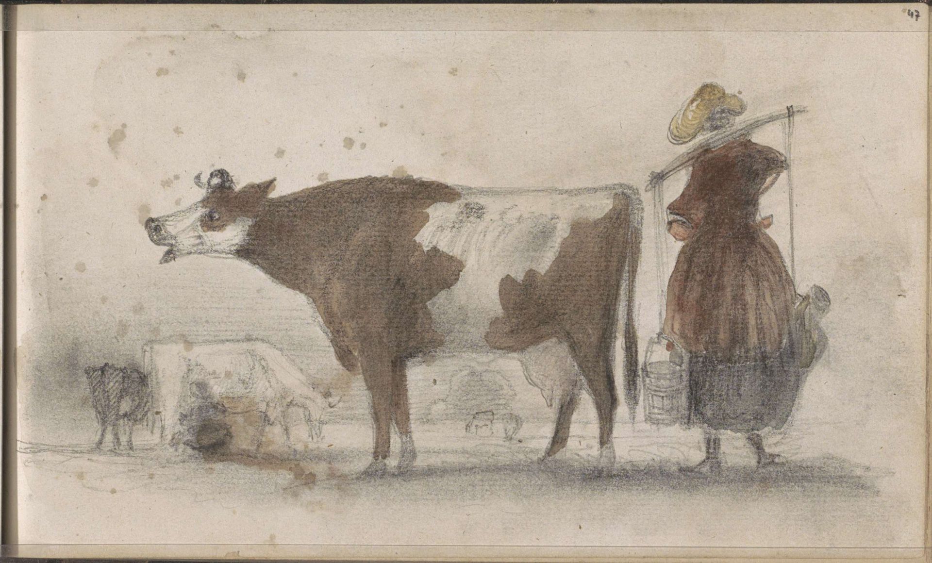 Weiland met koeien en een boerin met een juk by Johannes Tavenraat