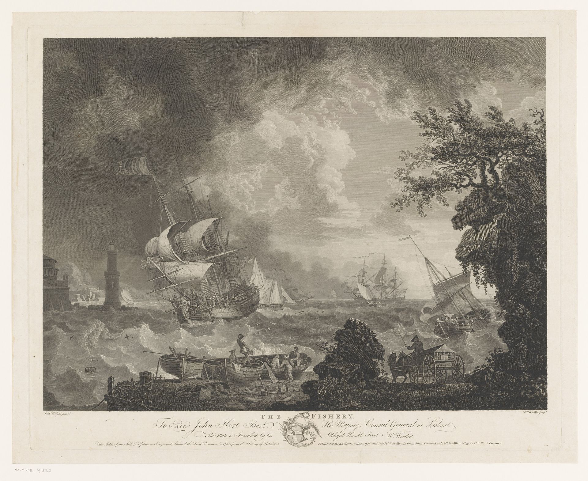 Kustgezicht met schepen in een storm op zee by William Woollett