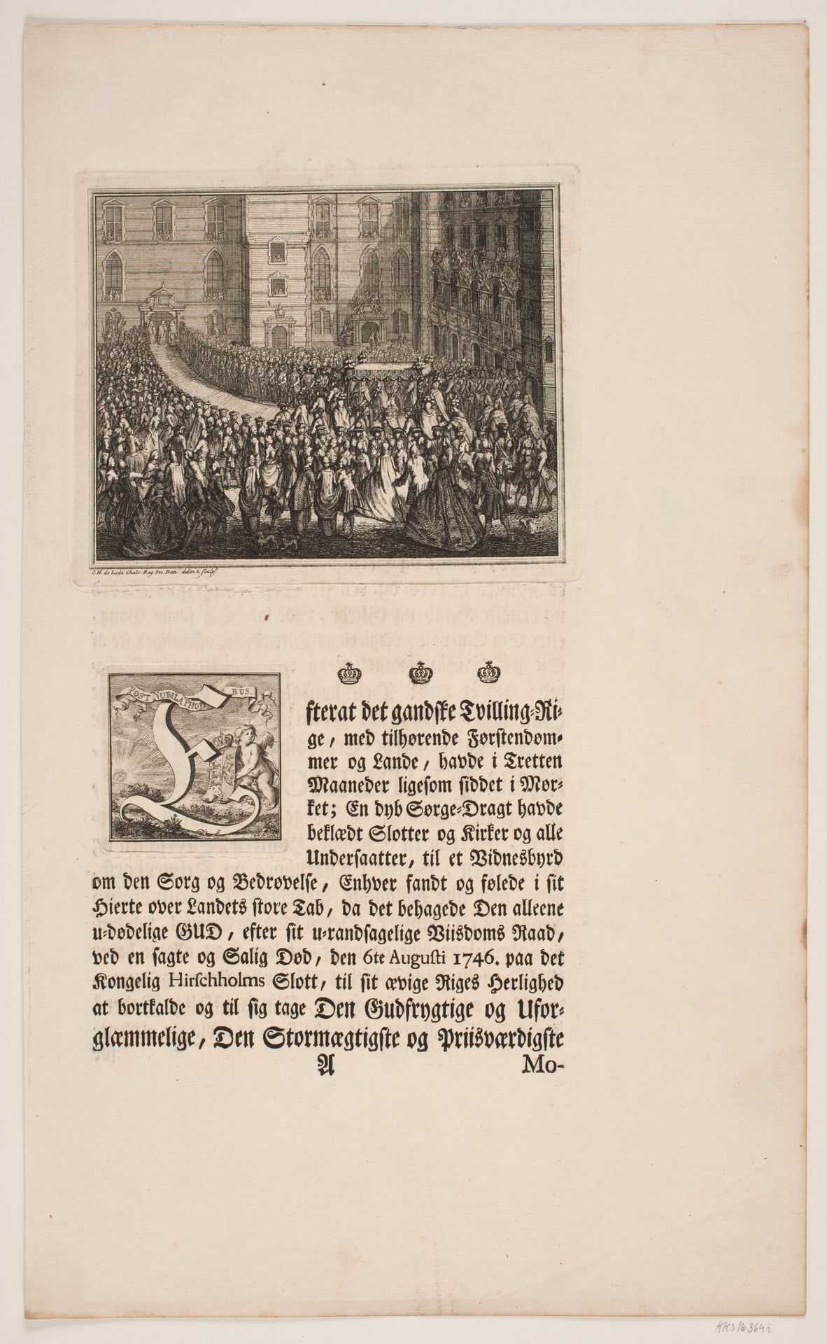 Kong Frederik V i procession til salvingshøjtidelighed i Frederiksborg Slotskirke. Illustration og initial til Frederik d. IV's salvingsakt by Odvardt Helmoldt de Lode