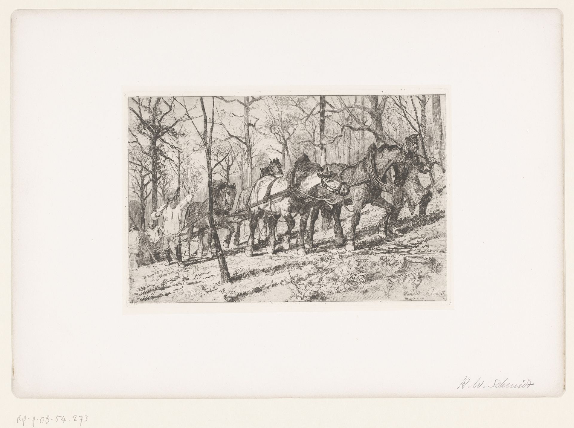 Vier trekpaarden trekken boomstam voort by Hans W. Schmidt