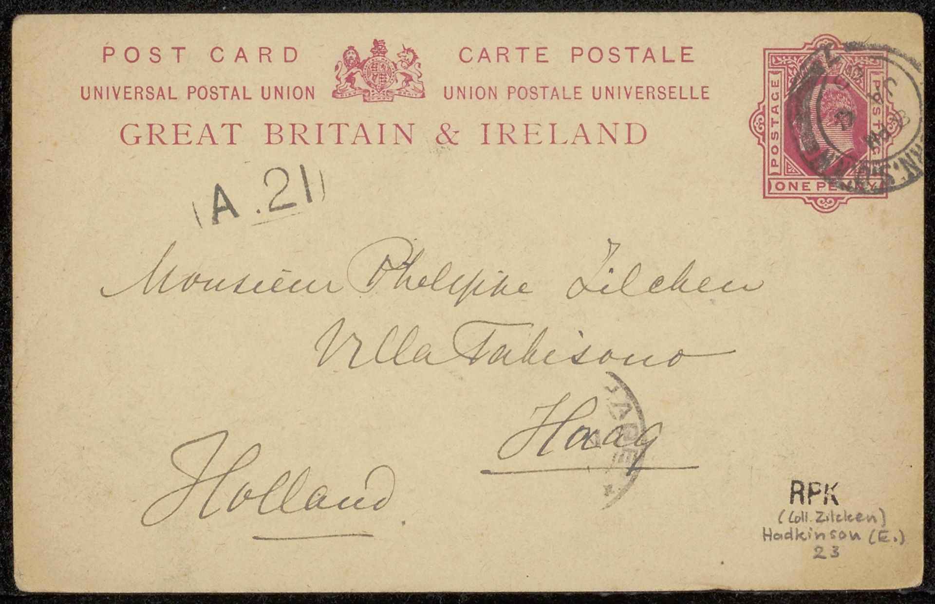 Briefkaart aan Philip Zilcken by Ernestine Hadkinson