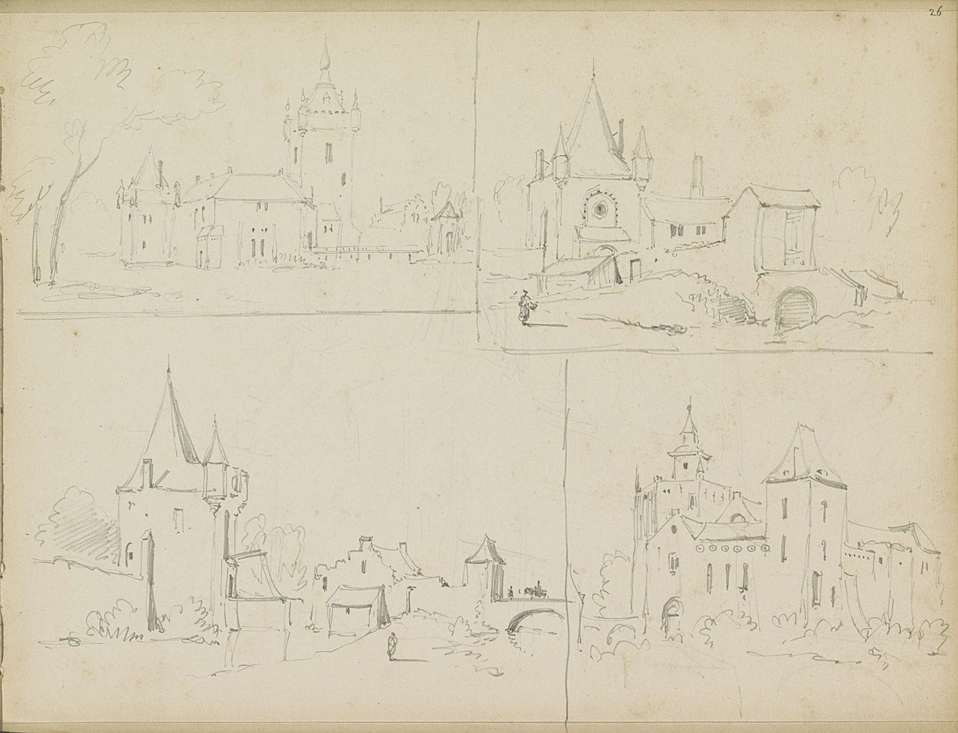 Studieblad met gebouwen by Adrianus Eversen