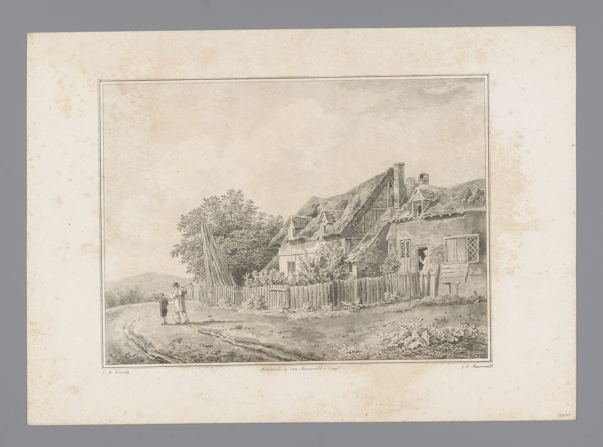 Man en jongen lopen op pad naast huizen by Jan Dam Steuerwald