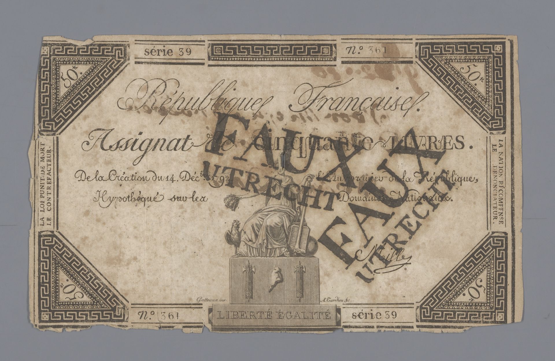 Te Utrecht ongeldig gemaakte assignat van vijftig livres, serie 39, nr. 361 uitgegeven 14 december 1792 by Nicolas Marie Gatteaux