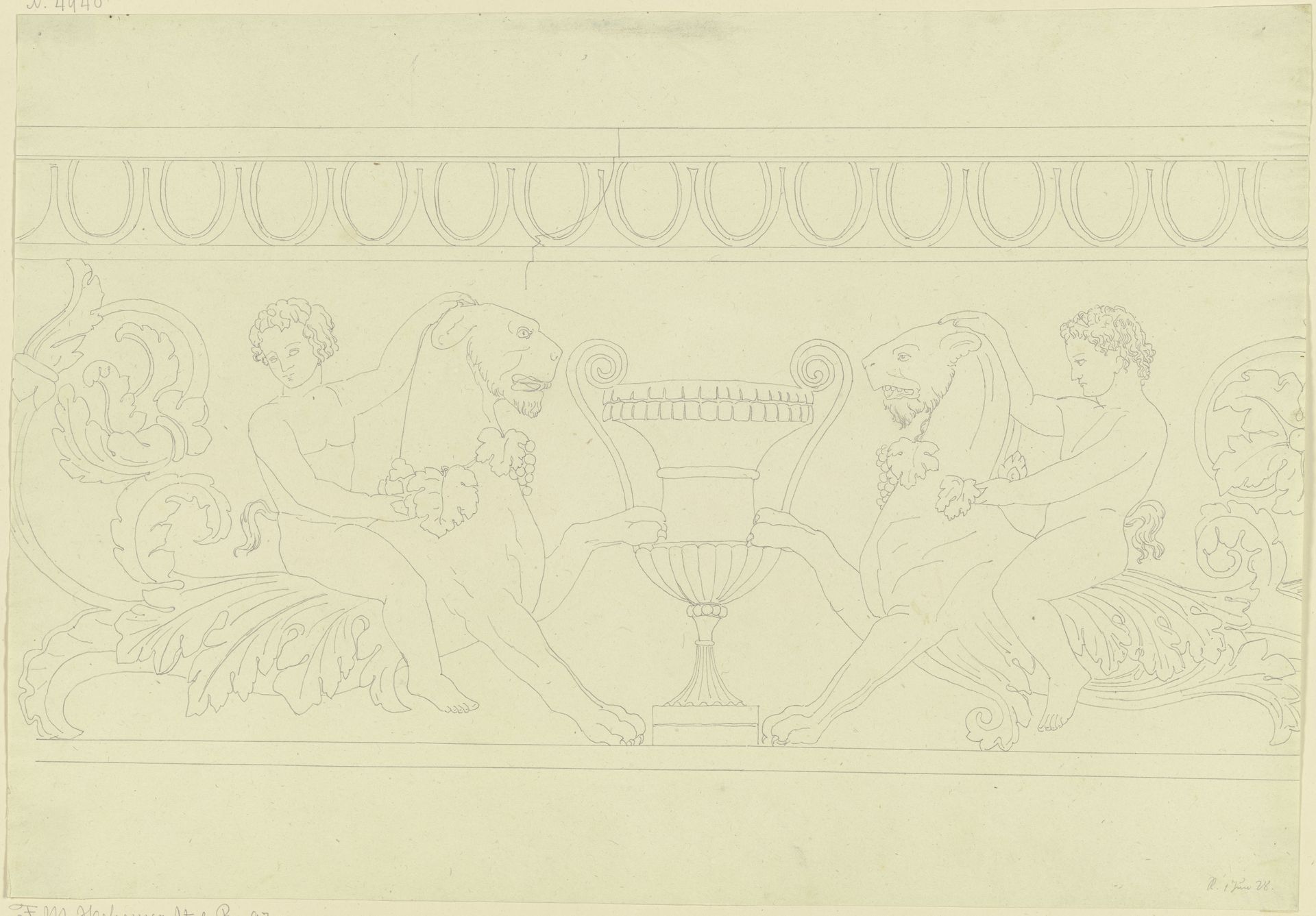 Zwei auf mit Weinlaub geschmückten Löwen reitende Satyrn, eine Vase flankierend by Friedrich Maximilian Hessemer