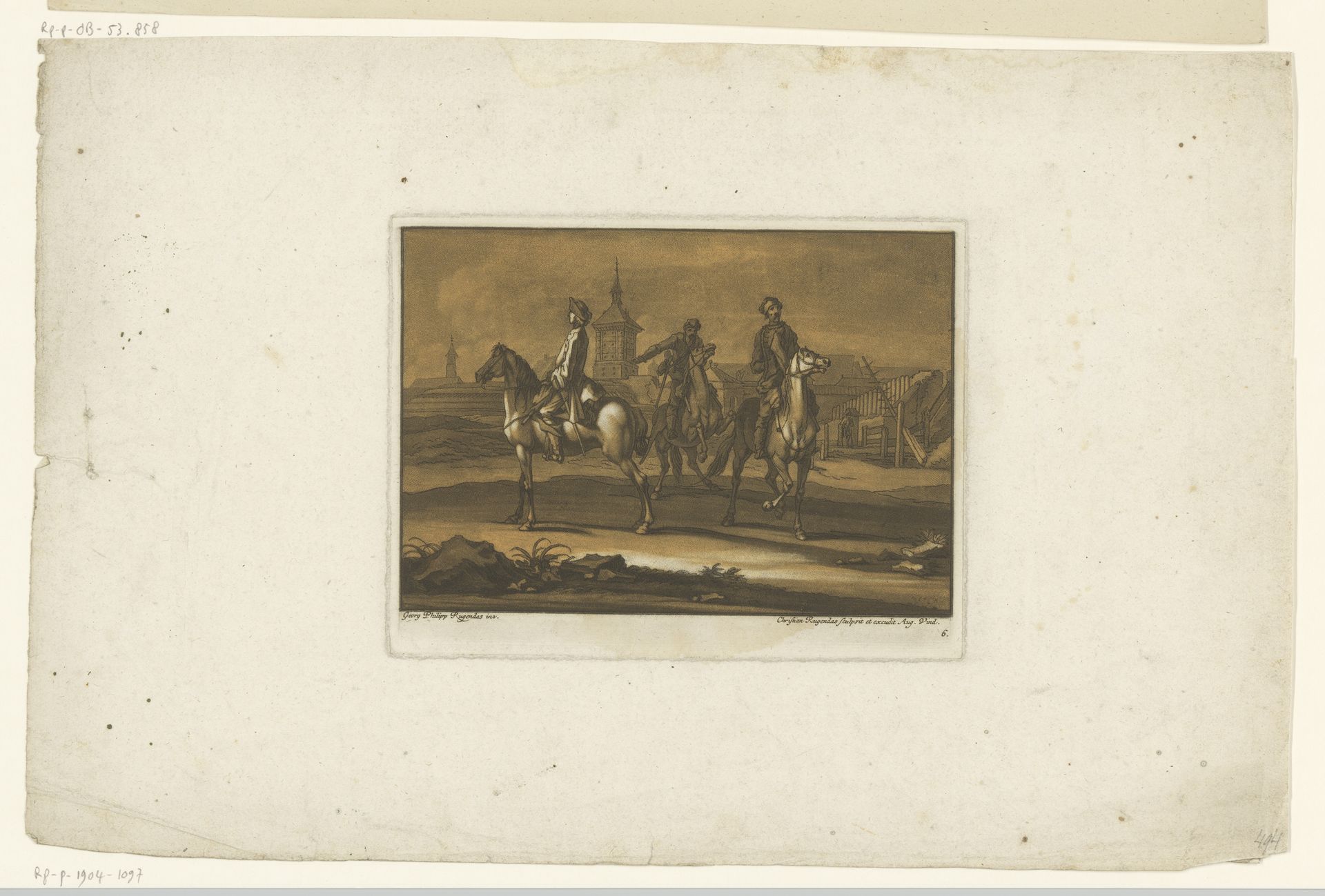 Drie ruiters in een landschap met versterkte stad by Christian Rugendas