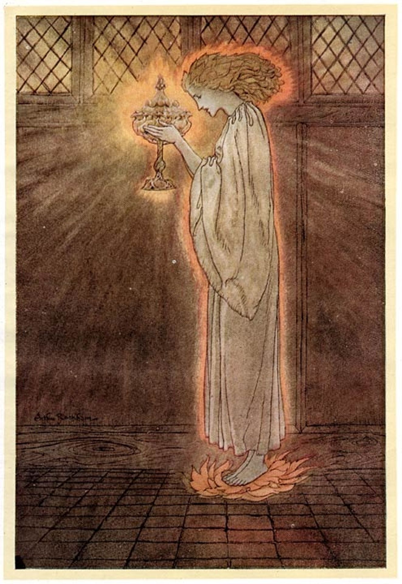 The Holy Grail is carried in by Arthur Rackham