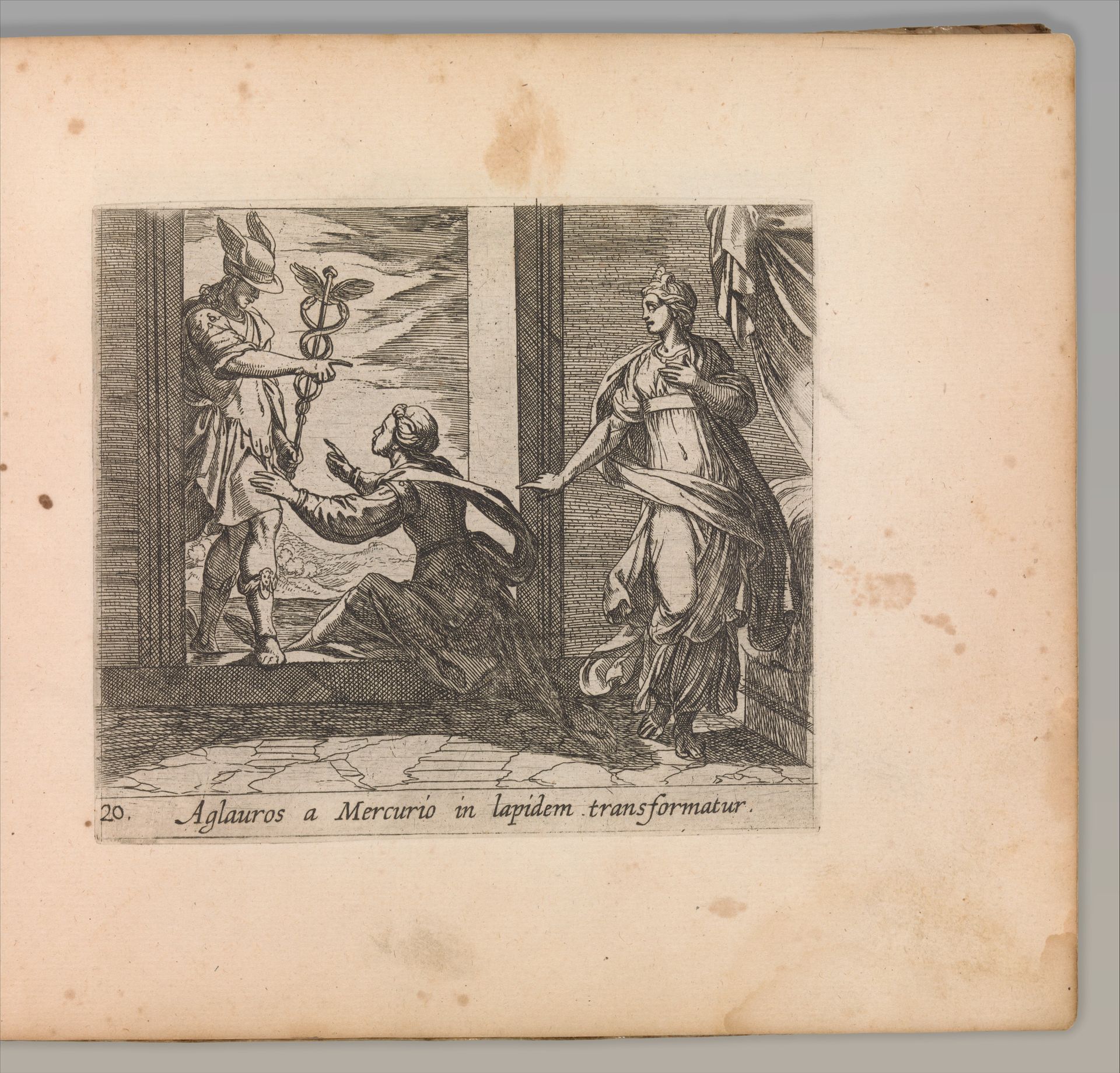 Mercury Turning Aglauros to Stone (Aglauros a Mercurio in lapidem transformatur), from The Metamorphoses of Ovid (Metamorphosean Sive Transformationum), plate 20 by Antonio Tempesta