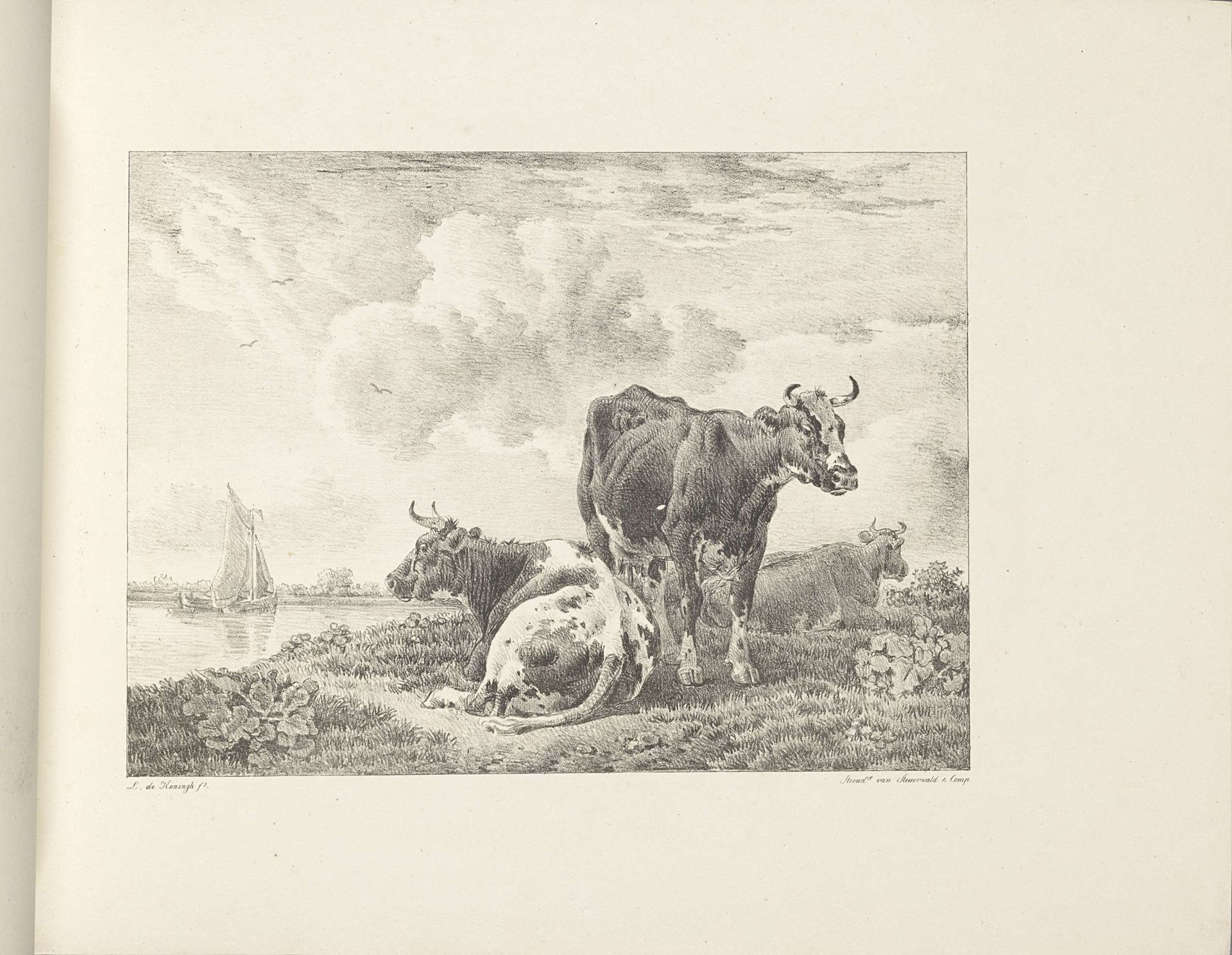 Landschap met drie koeien en een zeilboot by Leendert de Koningh