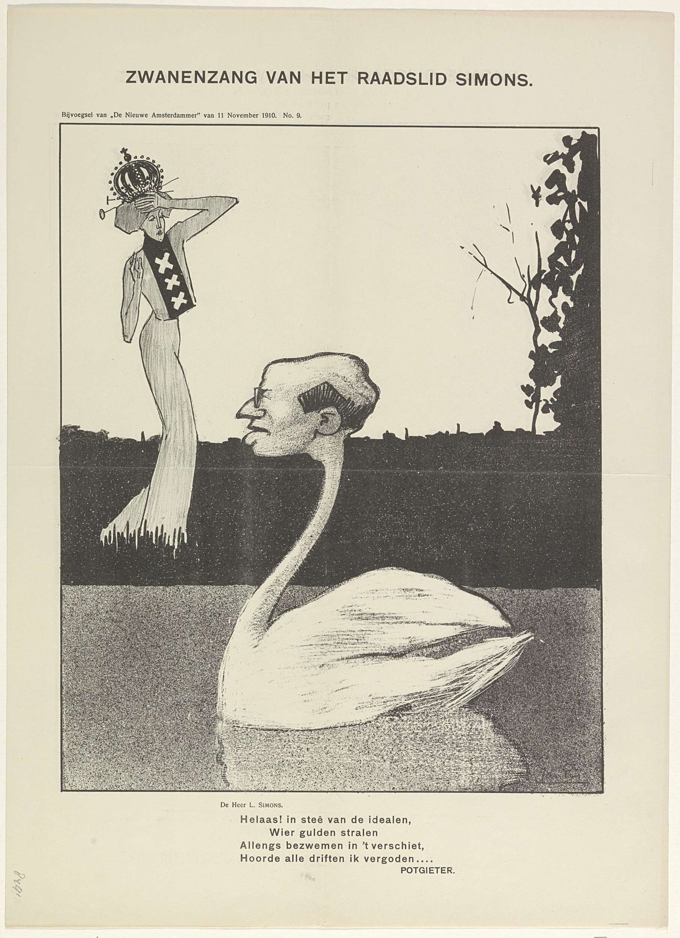 Spotprent op de Amsterdamse raadslid L. Simons, 1910 by Jan Rinke