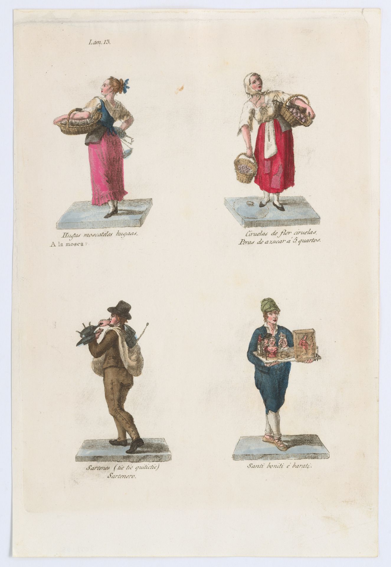 Plate 13: four street vendors from Madrid selling muscat grapes, plums, pans and pop-up saints, from 'Los Gritos de Madrid' (The Cries of Madrid) by Miguel Gamborino
