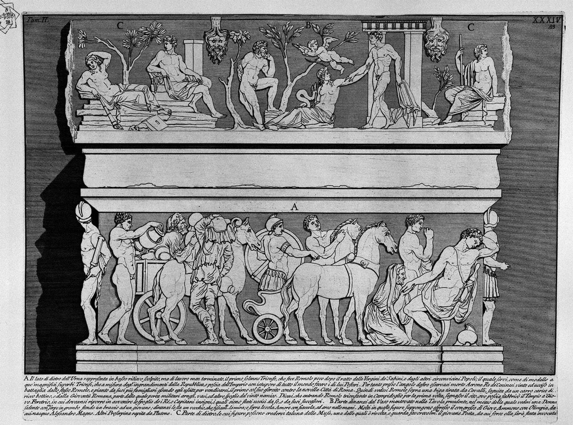 The Roman antiquities, t. 2, Plate XXXIV. Grand marble urn believed to Alexander Severus and his mother Julia Mamea (figures carved from Barbault). by Giovanni Battista Piranesi